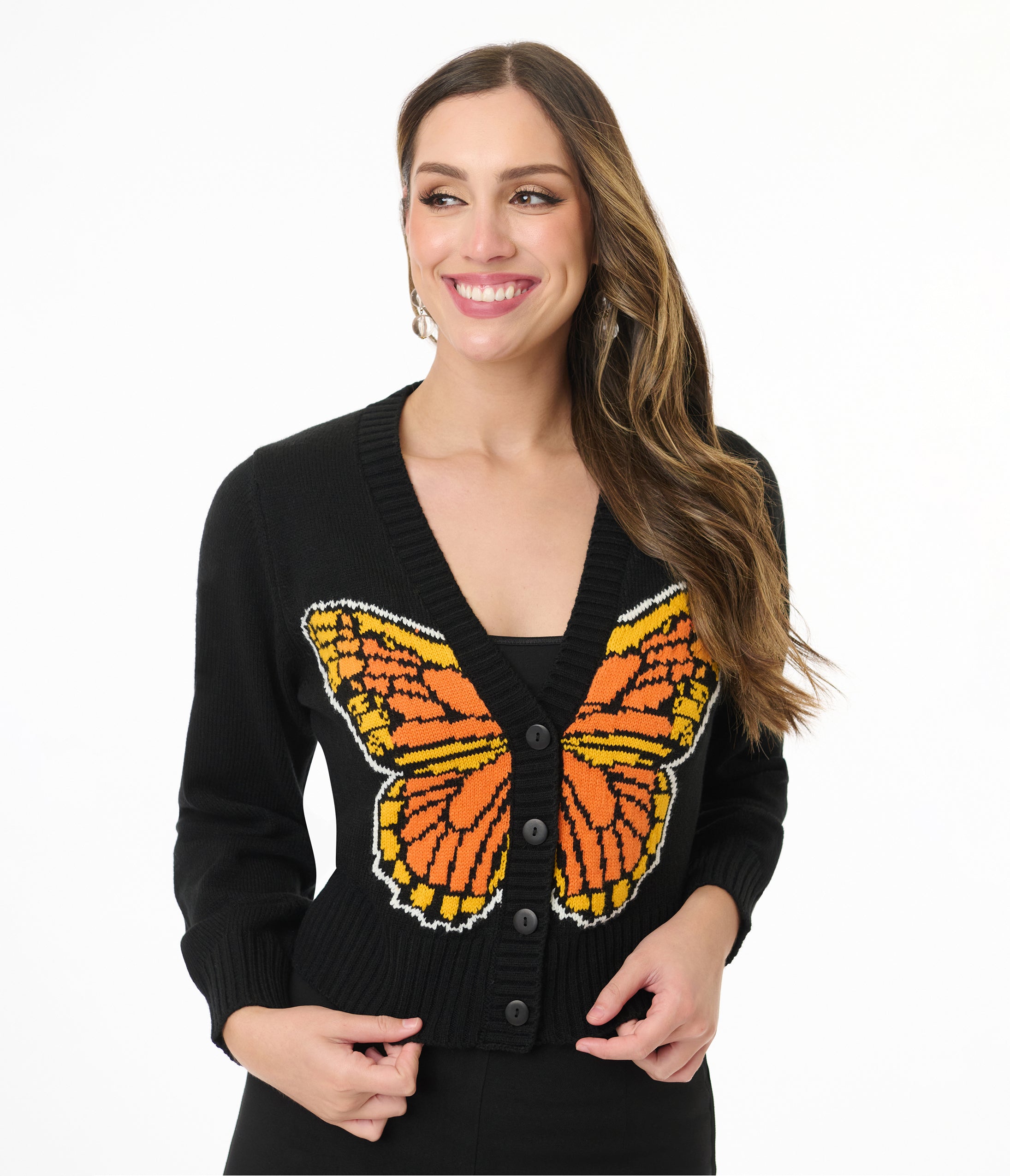 Vintage 1960s Black Monarch Butterfly Cardigan by Smak Parlour - Retro Boho Sweater for Women, Perfect for Fall Fashion & Casual Outfits