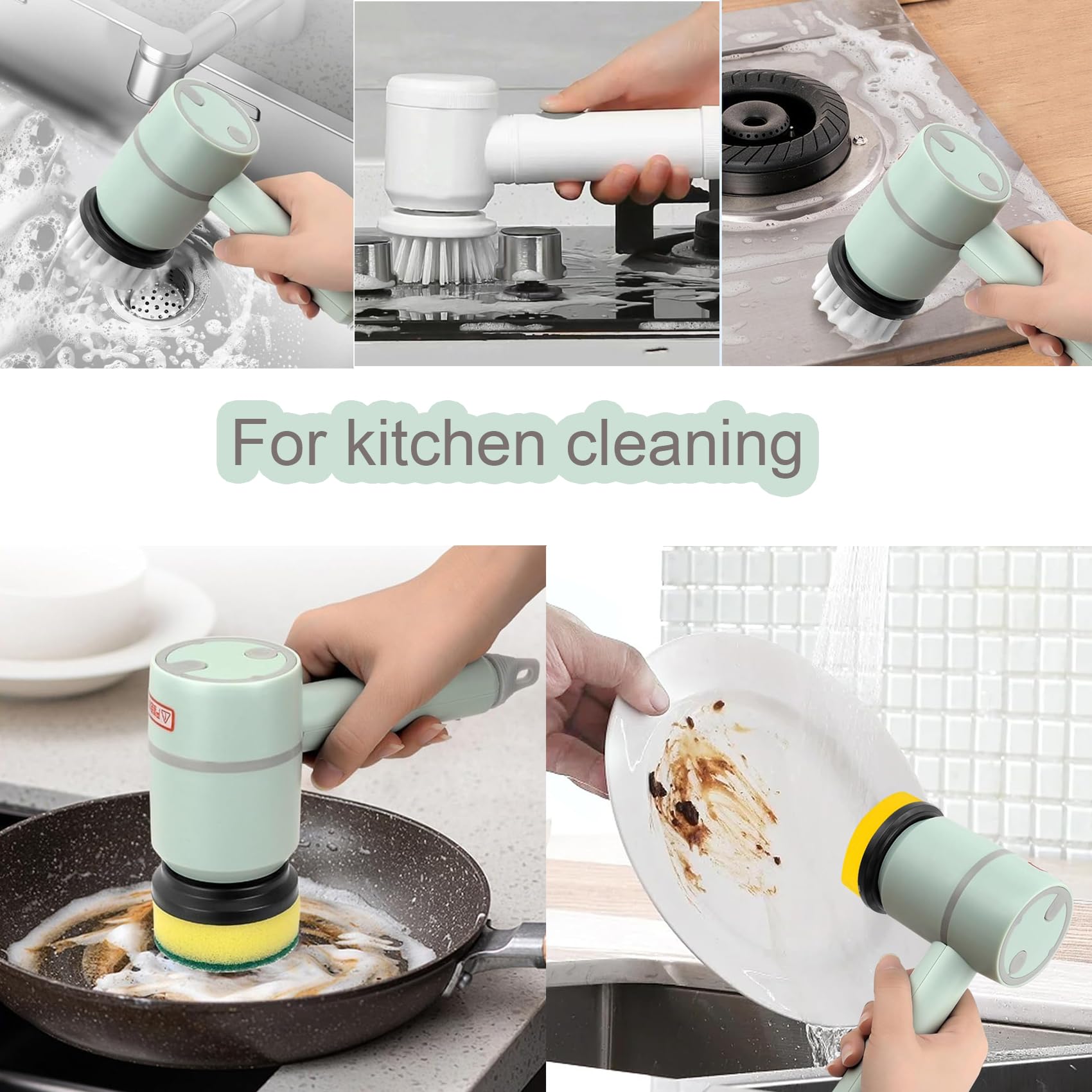 **Dish Buddy Electric Scrubber - Wireless Rechargeable 360° Rotating Cleaning Brush with 6 Replaceable Brush Heads (Green) - Perfect for Kitchen, Bathroom, Tiles & Grout Cleaning**