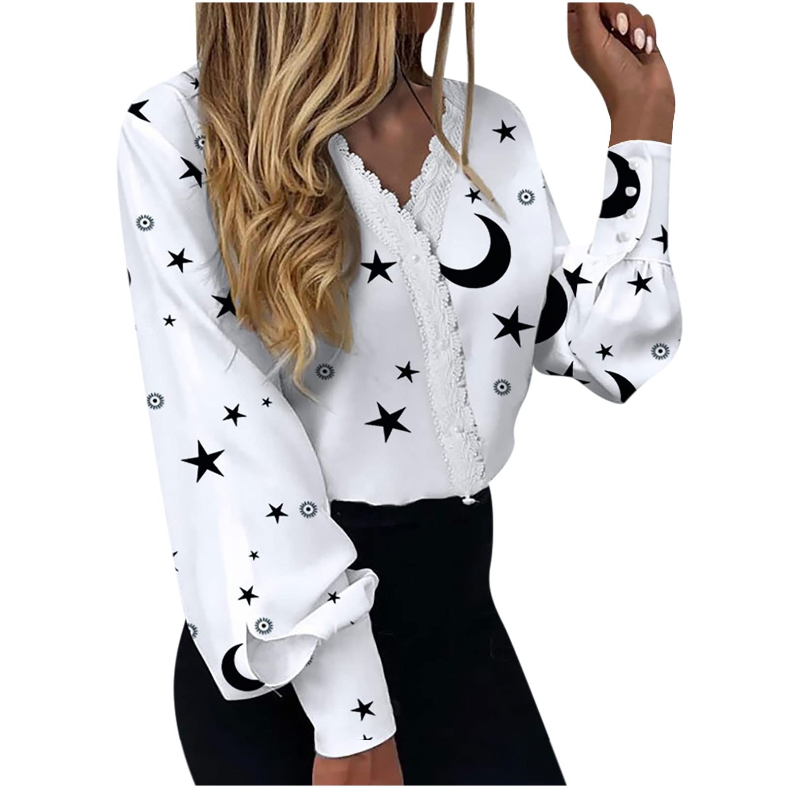Elegant Long Sleeve V-Neck Patchwork Lace Blouse for Women - Perfect for Office Wear, Casual Outings & Special Occasions