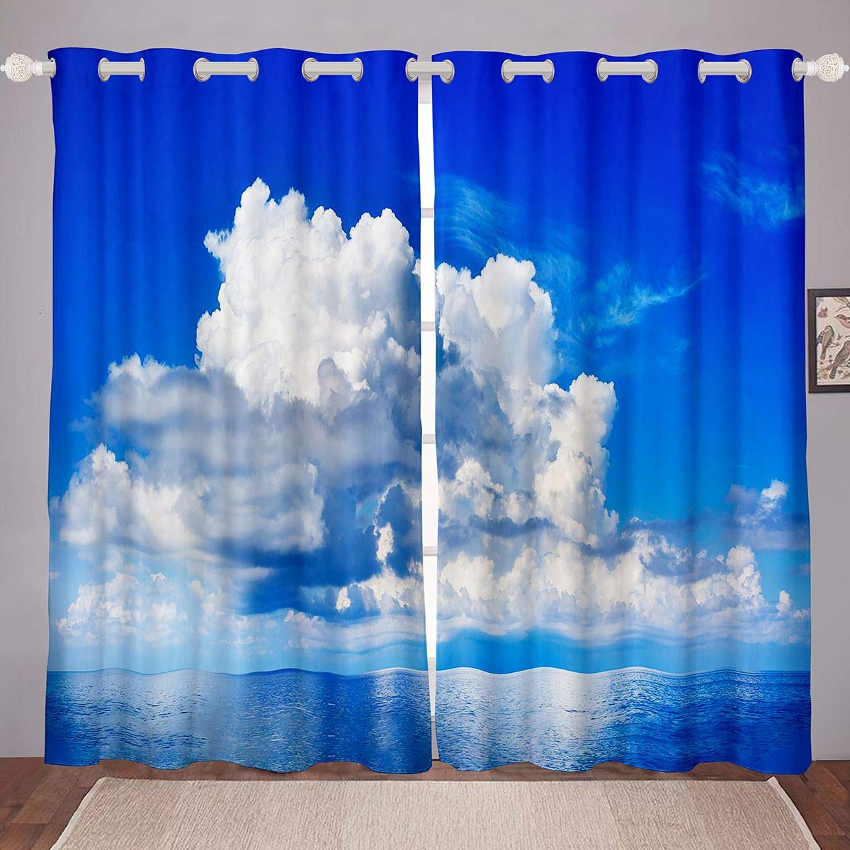 Blue Sea Ocean Printed Window Drapes with White Cumulus Clouds - Tropical Hawaiian Island Themed Curtains for Kids Bedroom & Living Room Decor (38x45 Inches, 2 Panels) - Perfect for Beach House, Nursery, or Vacation Home Window Treatments
