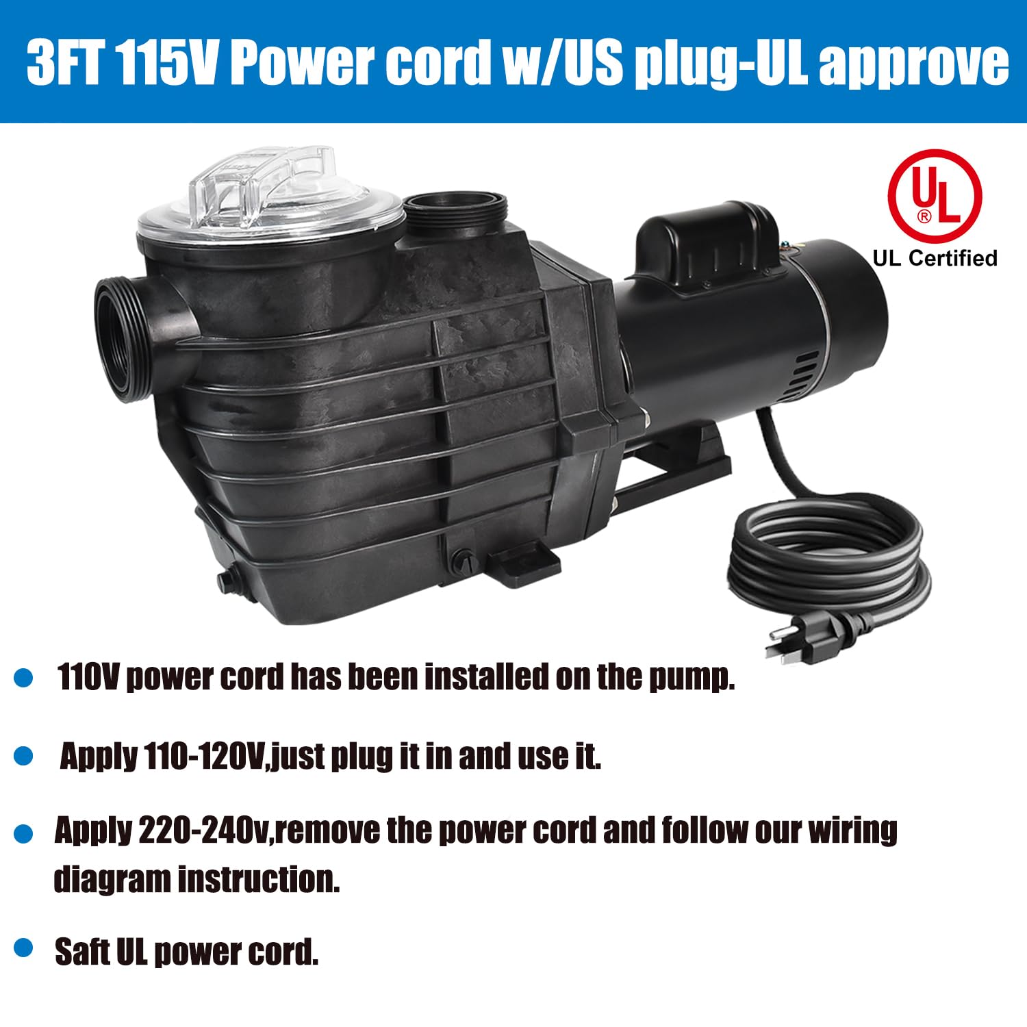 iMeshbean 2HP Inground Pool Pump - High Flow Rate 9000GPH, Dual Voltage 110-220V, Black Plastic Industrial Pool Pump for Swimming Pools, Spas, and Water Circulation Systems