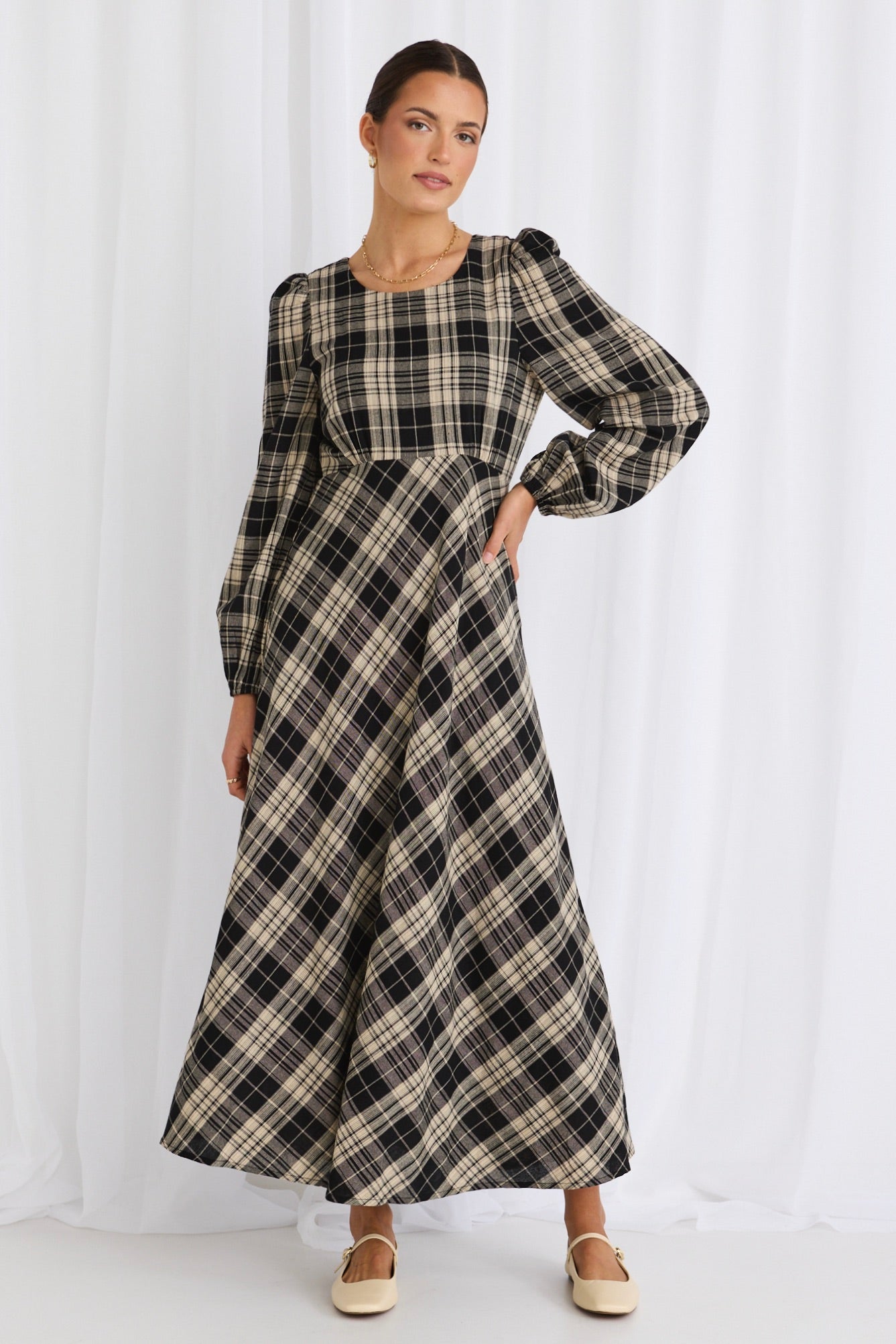 Elegant Black Check Long Sleeve Bias Cut Maxi Dress for Women - Perfect for Fall Weddings, Holiday Parties & Office Wear