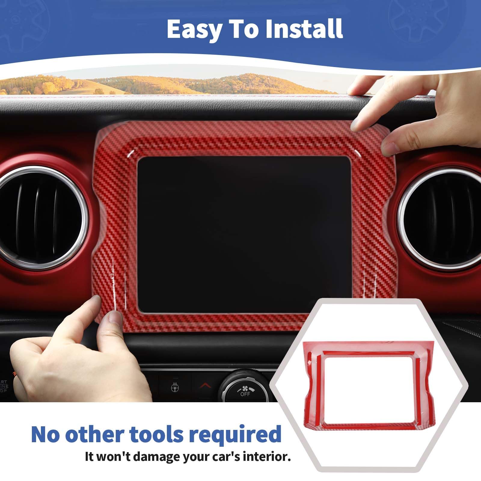 Jeep JL Center Console Radio Display Panel Trim Cover - Red Carbon Fiber Interior Accessory for 2018-2023 Wrangler JL JLU & Gladiator JT (8.4 inch) - Upgrade Your Ride with Premium Style & Protection for Off-Road Adventures