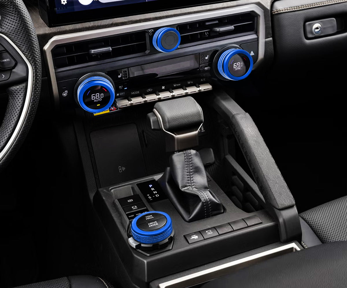 4-Piece Blue Drive Mode & Volume/AC Knob Covers for 2024+ Toyota Tacoma & 2025+ 4Runner - 14-Inch Screen Protection - Perfect for Off-Roading & Interior Customization