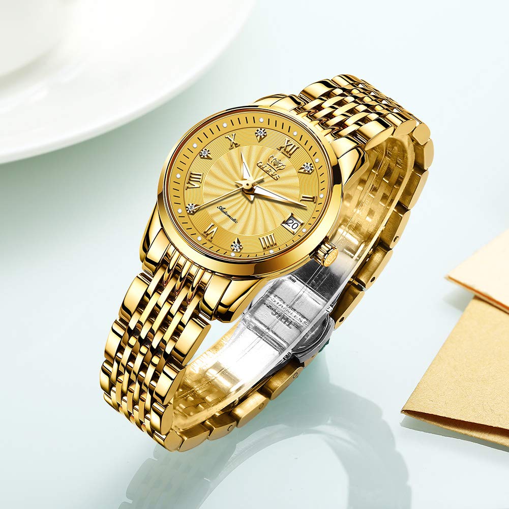 OLEVS Automatic Couple Watches for Men and Women - His and Hers Matching Mechanical Self-Winding Tourbillon Dress Watches with Day Date Calendar, Big Face, Two Tone - Perfect Anniversary Gift for Couples, Wedding Present, Romantic Date Night Accessories