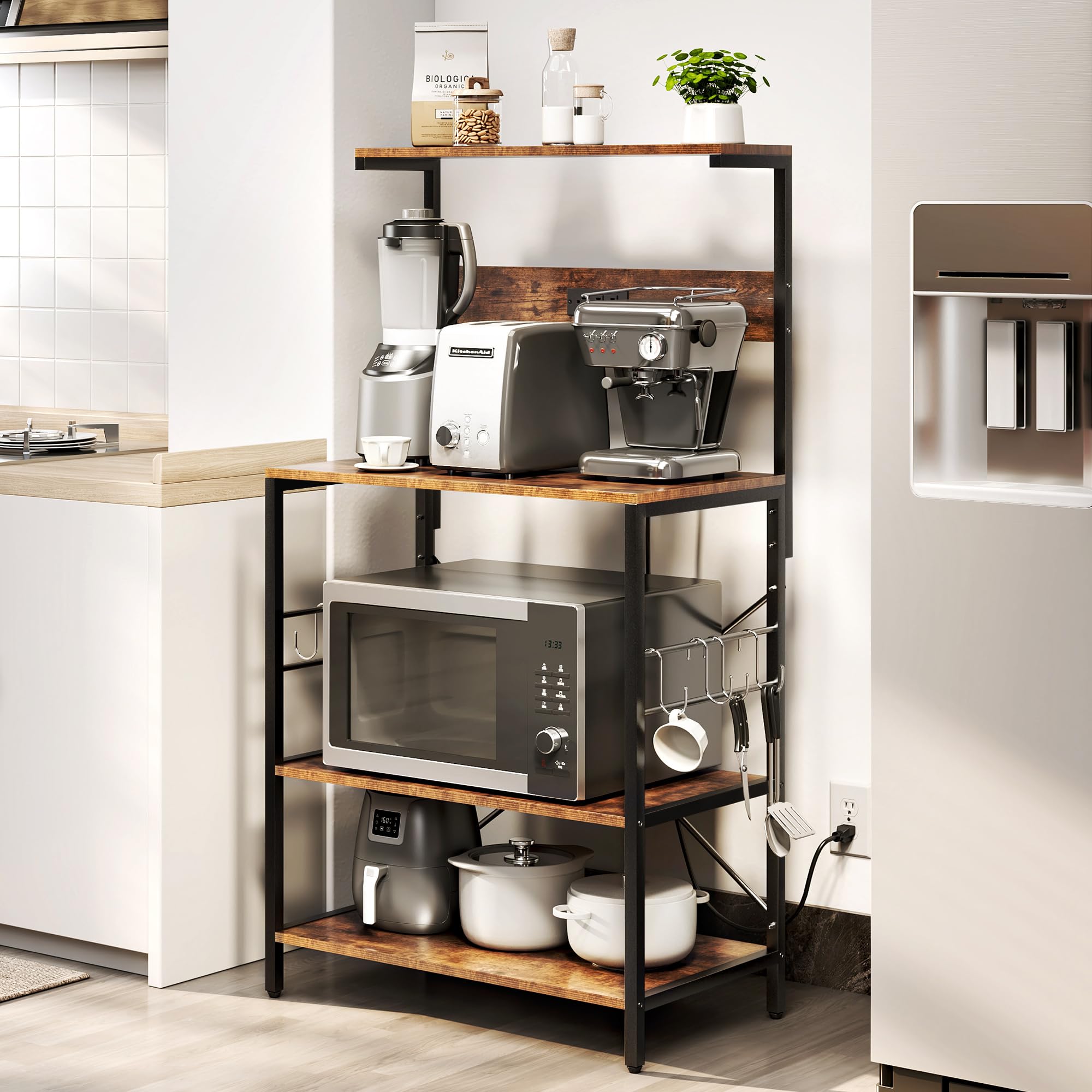 TC-HOMENY 3-Tier Bakers Rack with Power Outlet & 5 S-Hooks - Rustic Brown Kitchen Storage Shelf, Microwave Stand & Coffee Station Organizer | Perfect for Small Kitchens, Pantry Organization & Dining Room Storage