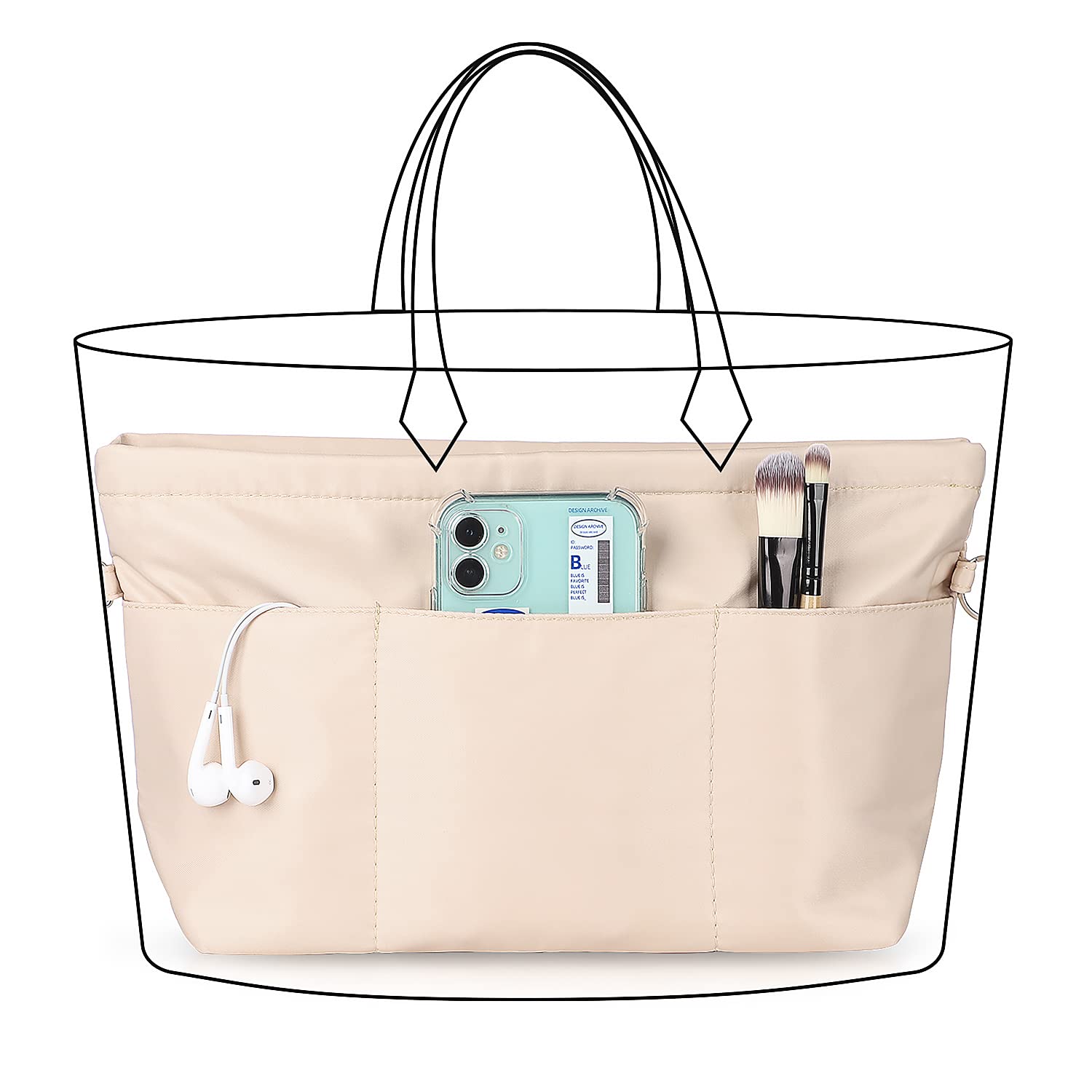 Sightor Nylon Handbag Organizer Insert - Large Beige Purse Organizer for Tote Bags | Perfect for Travel, Work & Everyday Use to Keep Essentials Neat & Accessible
