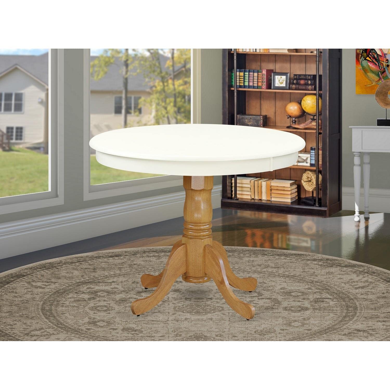 Antique Mid-Century Modern Round Dining Table with Pedestal Base - 36x36 Inch, Linen White & Oak Finish | Perfect for Small Spaces, Breakfast Nooks & Cozy Dining Rooms