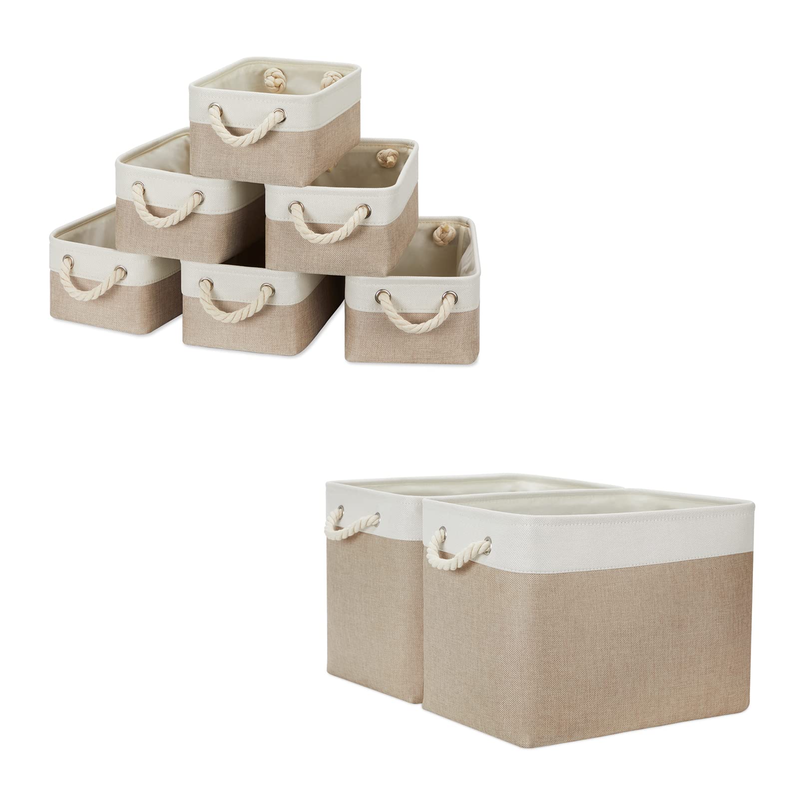 6-Pack Small Fabric Storage Baskets with 2 Decorative Bins - White & Khaki (11.8