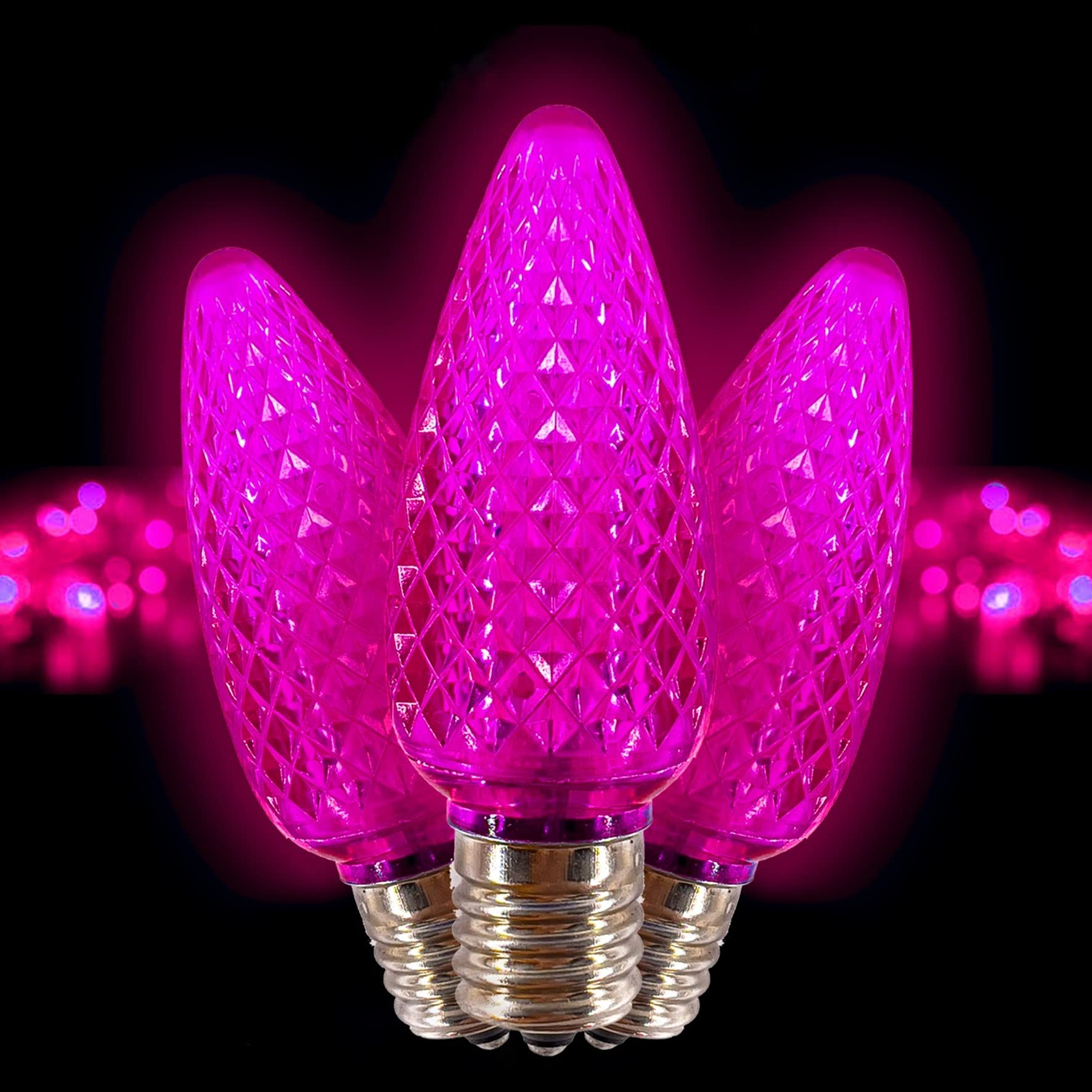 25-Pack C9 LED Pink Christmas Light Bulbs - Faceted Candle Shape, E17 Base, Commercial Grade for Indoor/Outdoor Holiday Decorations - Perfect for Roof Lights, Tree Trimming, and Festive Home Lighting