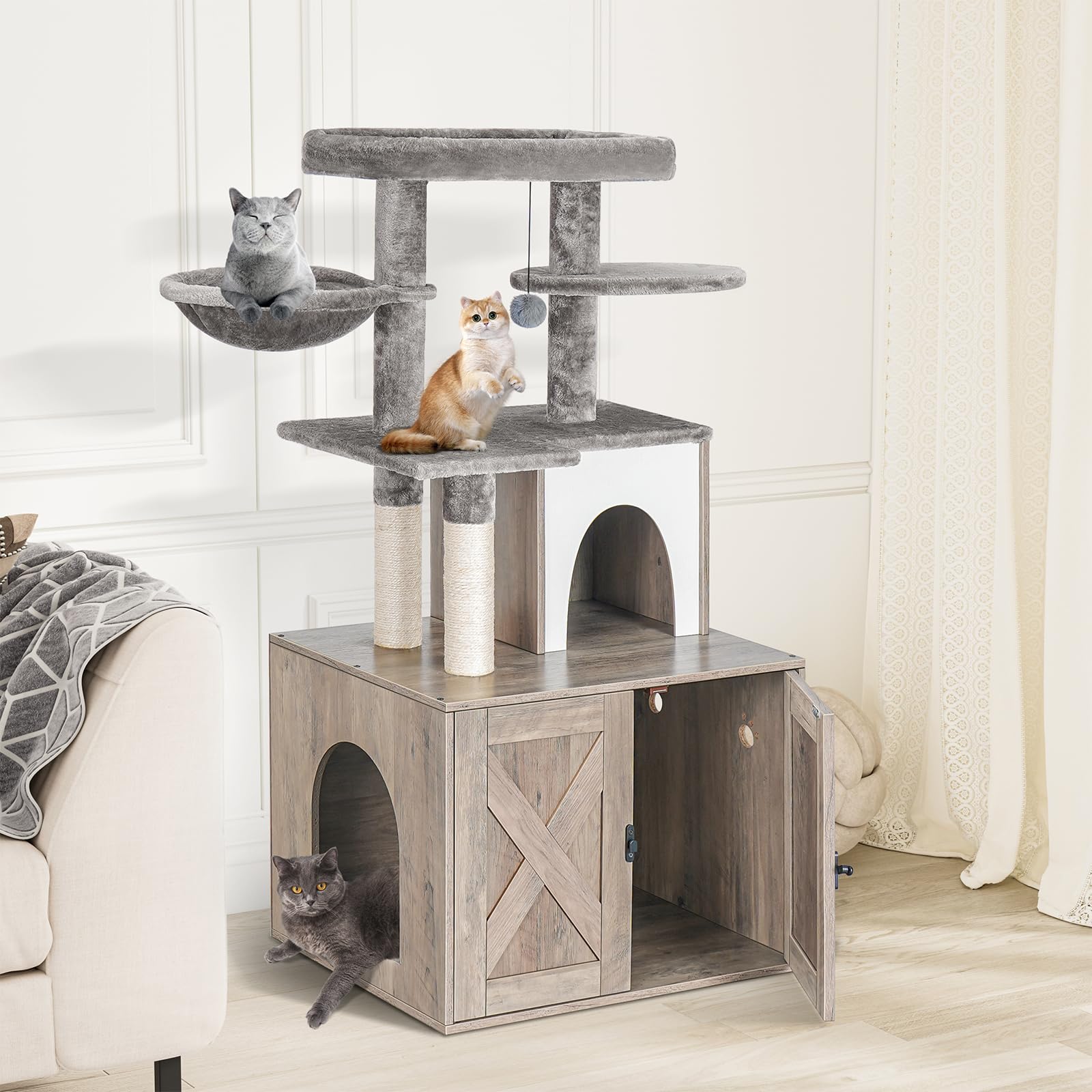 Snughome Wooden Cat Litter Box Enclosure with Tree Tower & Condo - Hidden Washroom Furniture with Sisal Scratching Post, Soft Plush Perch & Multi-Level Platforms - Grey Cat Furniture for Home Decor & Pet Comfort