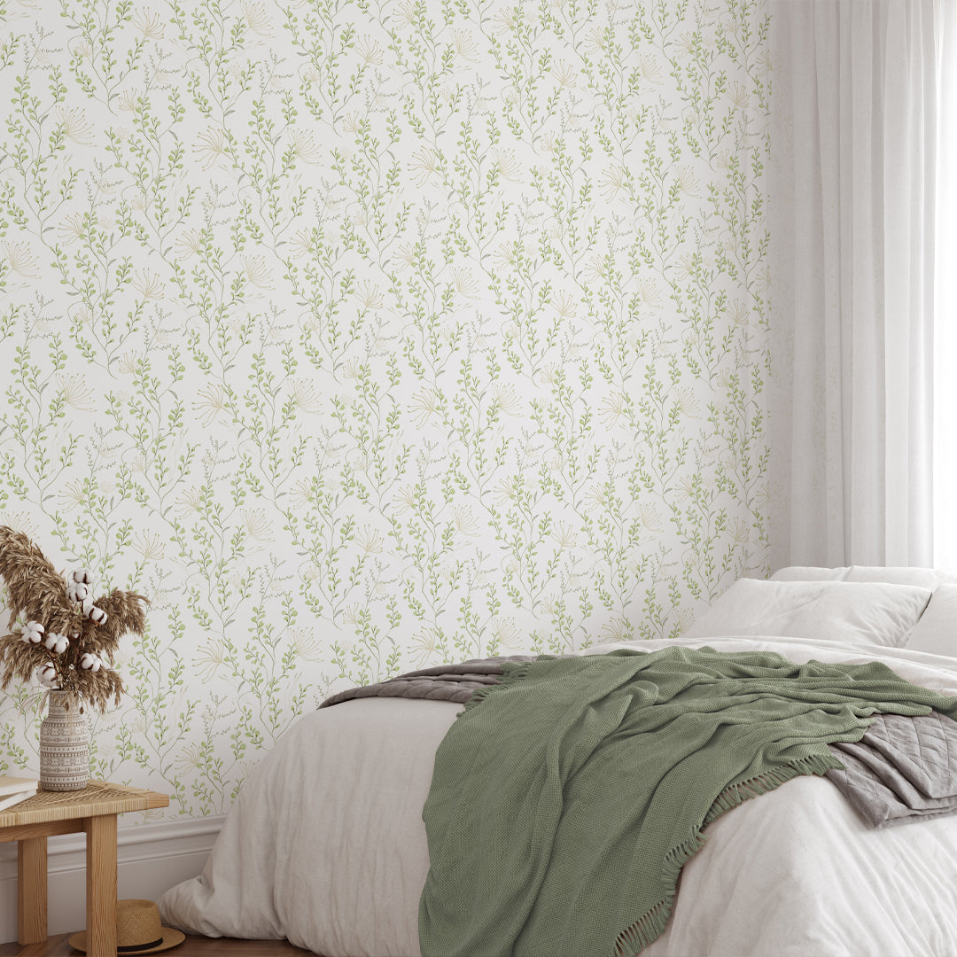 Green Wildflowers Wallpaper W046 - Self-Adhesive Peel and Stick Wallpaper for Bedroom, Living Room, Bathroom - Floral Botanical Decor for Home & Office