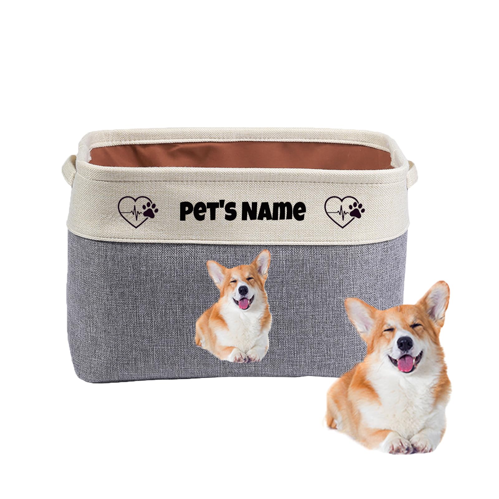Custom Personalized Dog Toy Basket with Pet's Picture & Name - Foldable Collapsible Pet Toy Storage Box for Dog Accessories & Apparel - Sturdy Grey Dog Toy Organizer for Living Room, Bedroom & Pet Play Area