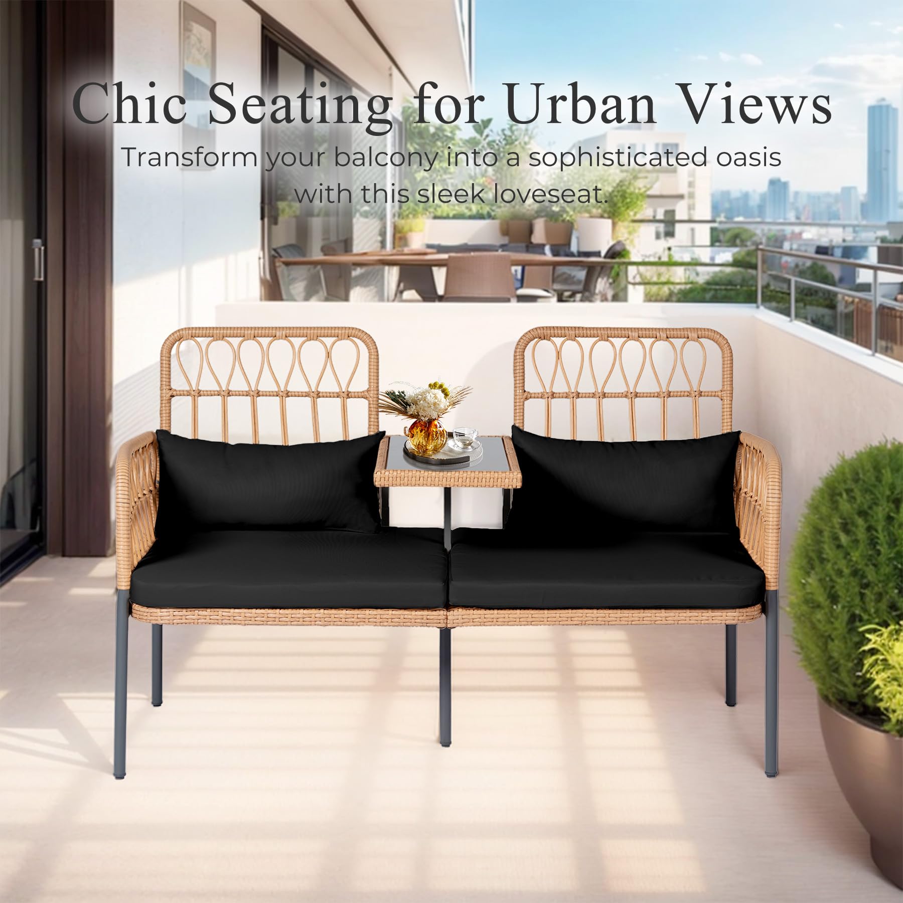 PROHIKER Outdoor Rattan Loveseat 2-Seater with Built-in Table & Cushions - All-Weather Wicker Patio Furniture Set with Lumbar Pillows - Perfect for Balcony, Porch, Garden, Backyard & Poolside Relaxation