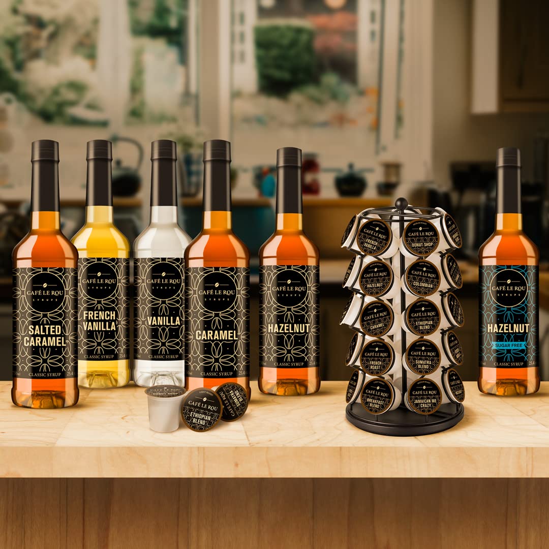 **Premium Café Le Rou Coffee Syrup Variety 5-Pack (25.4 oz) - Vanilla, French Vanilla, Caramel, Salted Caramel & Hazelnut Flavoring Syrups for Coffee, Tea, Espresso & Desserts - Perfect for Home, Café & Office Use**