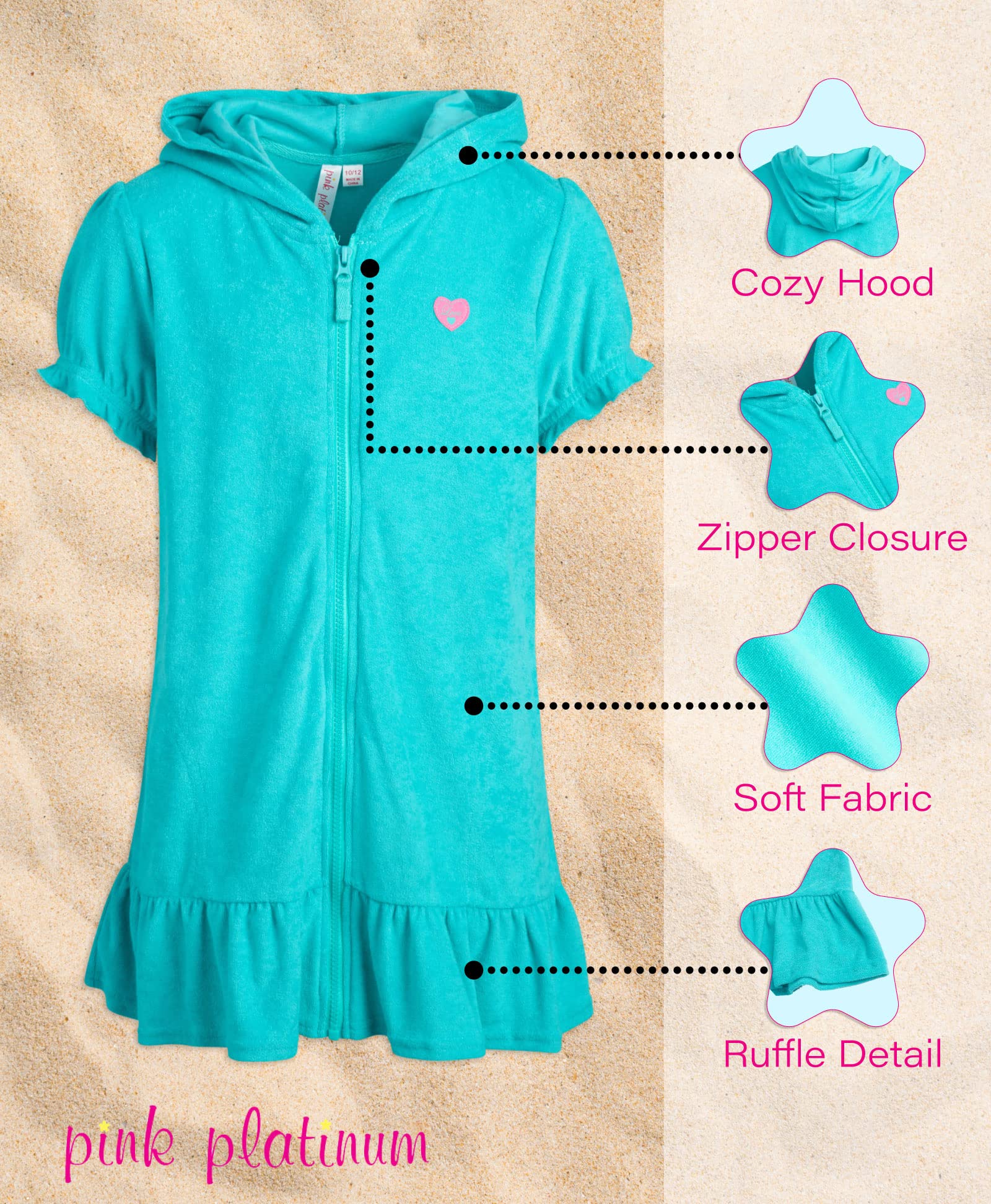 Pink Platinum Girls' Swim Cover Up Hooded Terry Cloth Bathrobe with Full Zip & Ruffles - Toddler to Teen Sizes 2T-16 - Perfect for Poolside, Beach, and Spa Days