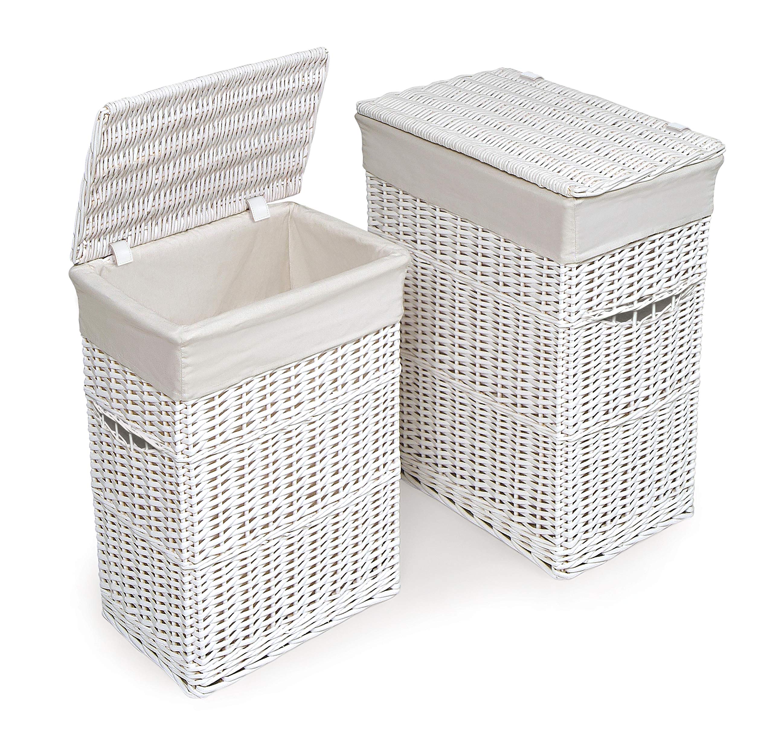 White Wicker Two Hamper Set with Removable Liners - Laundry Basket for Bedroom, Bathroom & Closet Organization