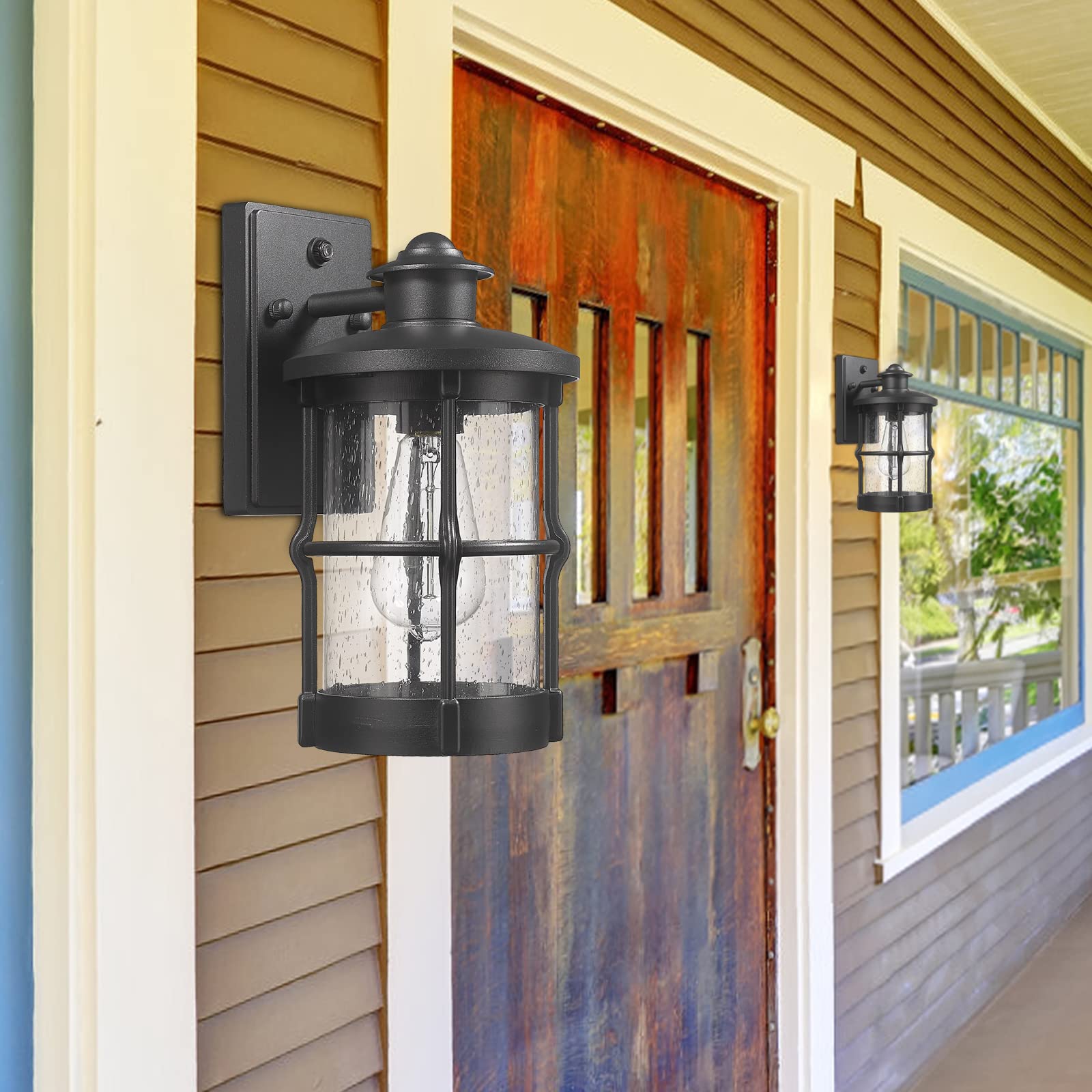 Outdoor Wall Sconces 2 Pack - Dusk to Dawn Exterior Wall Mount Lighting with Seeded Glass & Black Finish - Perfect for Porch, Patio, Garden, and Entryway Lighting