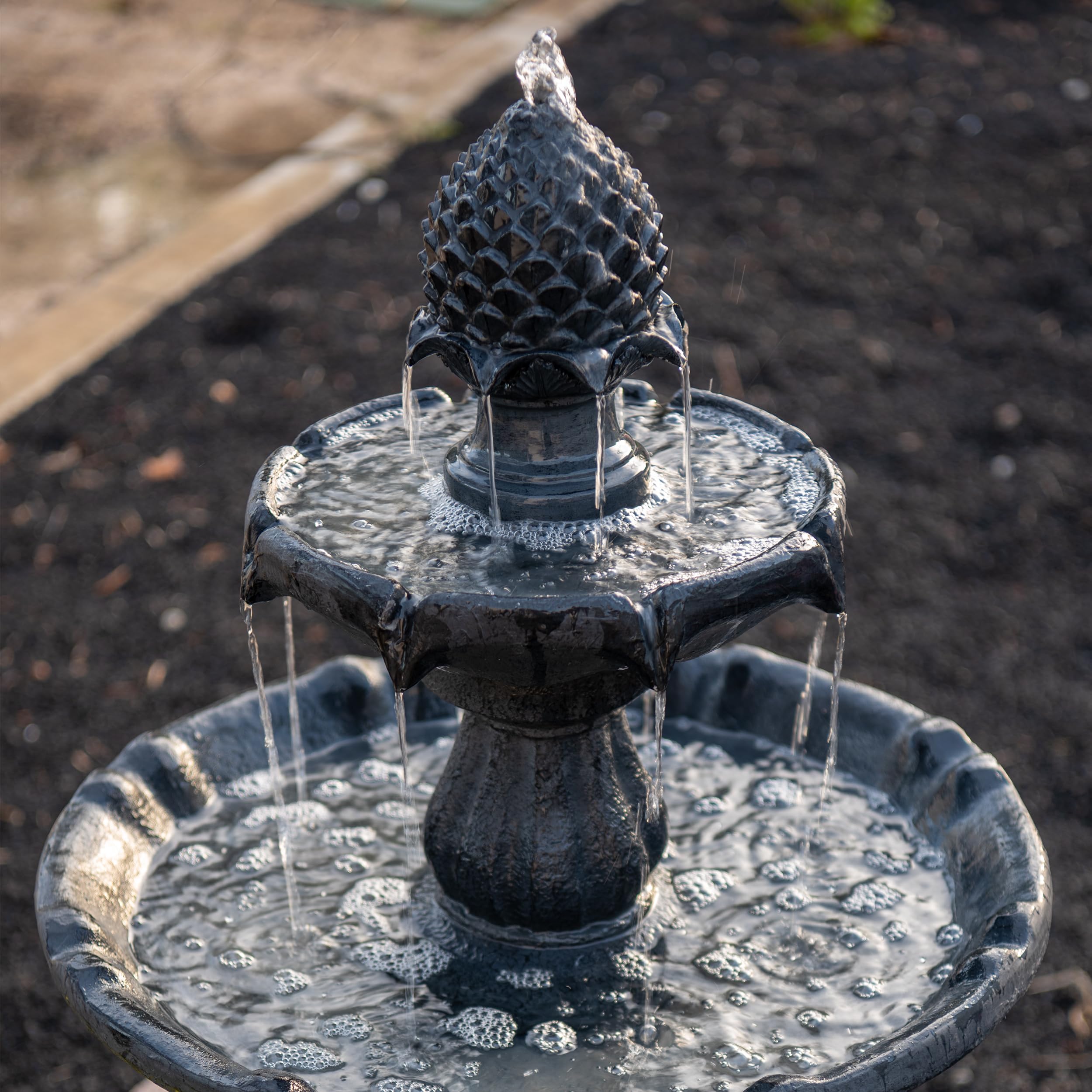 XBrand 44-Inch Tall Black Fiberglass/Resin 2-Tier Solar Water Fountain with Solar Panel & Auto-Shut Off Pump - Outdoor Garden Decor for Patio, Yard, and Landscape (Perfect for Bird Baths & Relaxation)