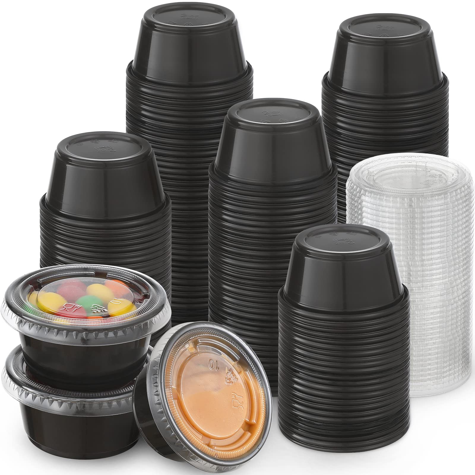 130 Sets - 2 Oz Black Plastic Portion Cups with Lids | Airtight Small Containers for Jello Shots, Salad Dressings, Dipping Sauces & Condiments | Perfect for Parties, Lunches, Picnics & Travel | BPA-Free & Leakproof Food Storage Solution