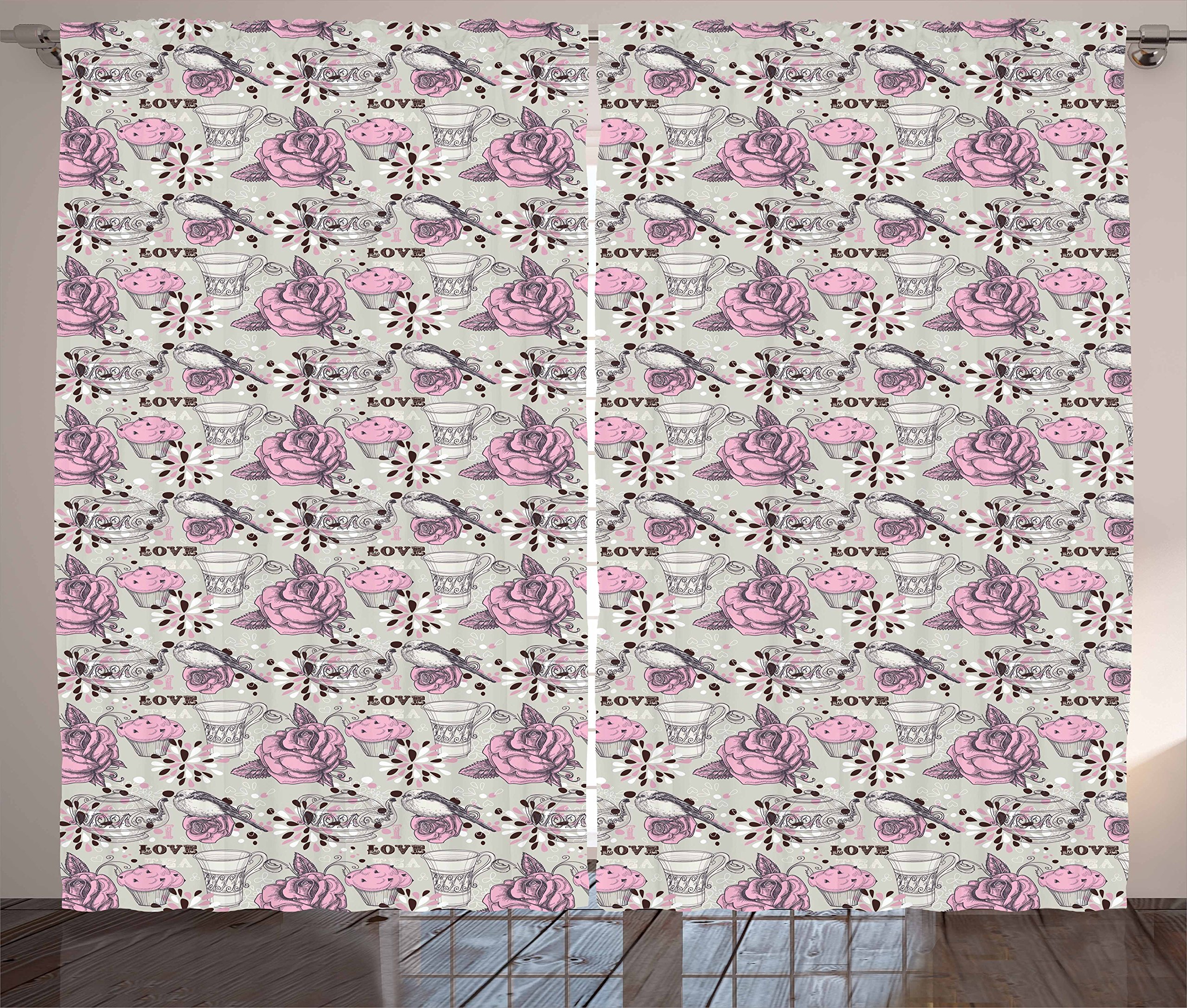 Ambesonne Tea Party Curtains - Floral Teacup & Teapot Design with Romantic Roses & Birds, Valentine's Day Theme Window Drapes - 2 Panel Set (108
