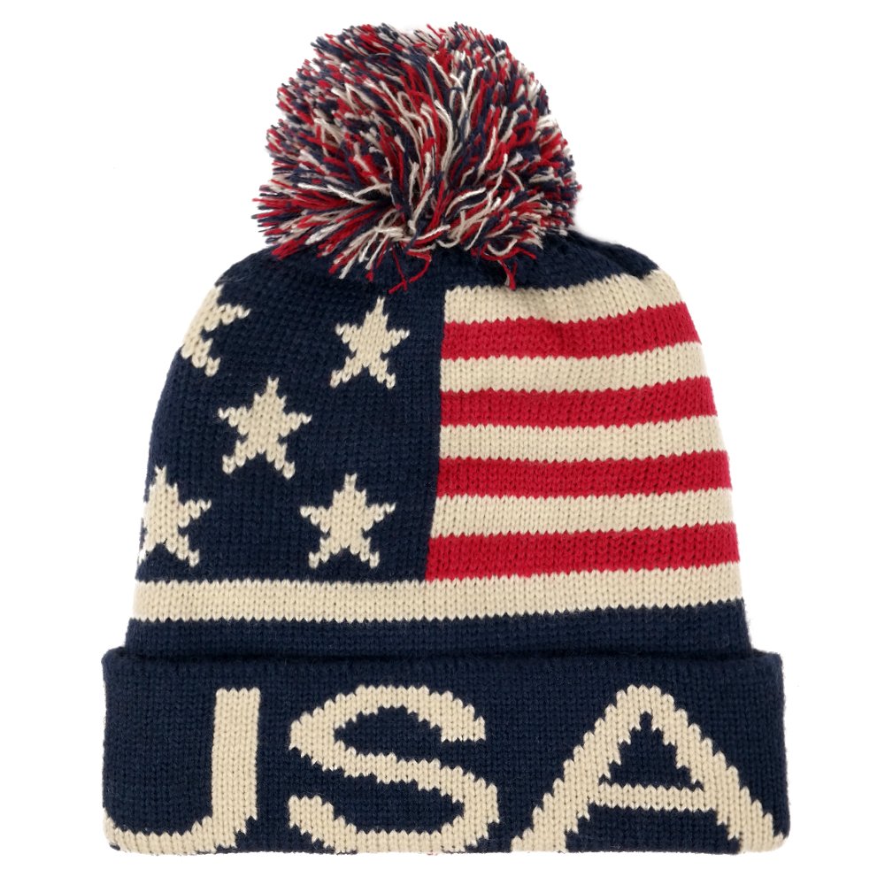 Youth USA Text and Flag Winter Cuff Folded Beanie Hat with Pom Pom - Warm Knit Hat for Boys & Girls - Perfect for Snow Days, Winter Sports & Outdoor Activities