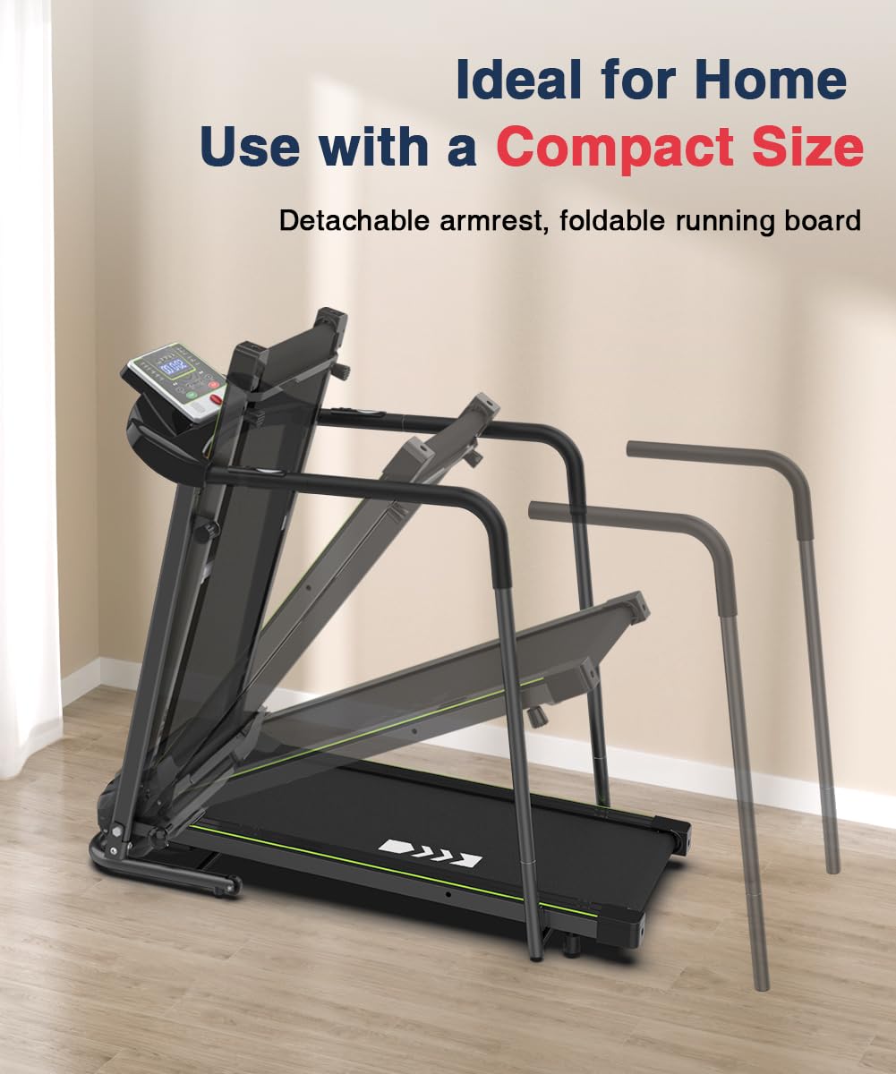 Redliro Foldable Walking Treadmill for Seniors - 300 lbs Weight Capacity with Long Handrail & LCD Display - Home Fitness Exercise Machine with Phone/Cup Holder - Perfect for Elderly Recovery, Low-Impact Workouts & Small Space Home Gyms
