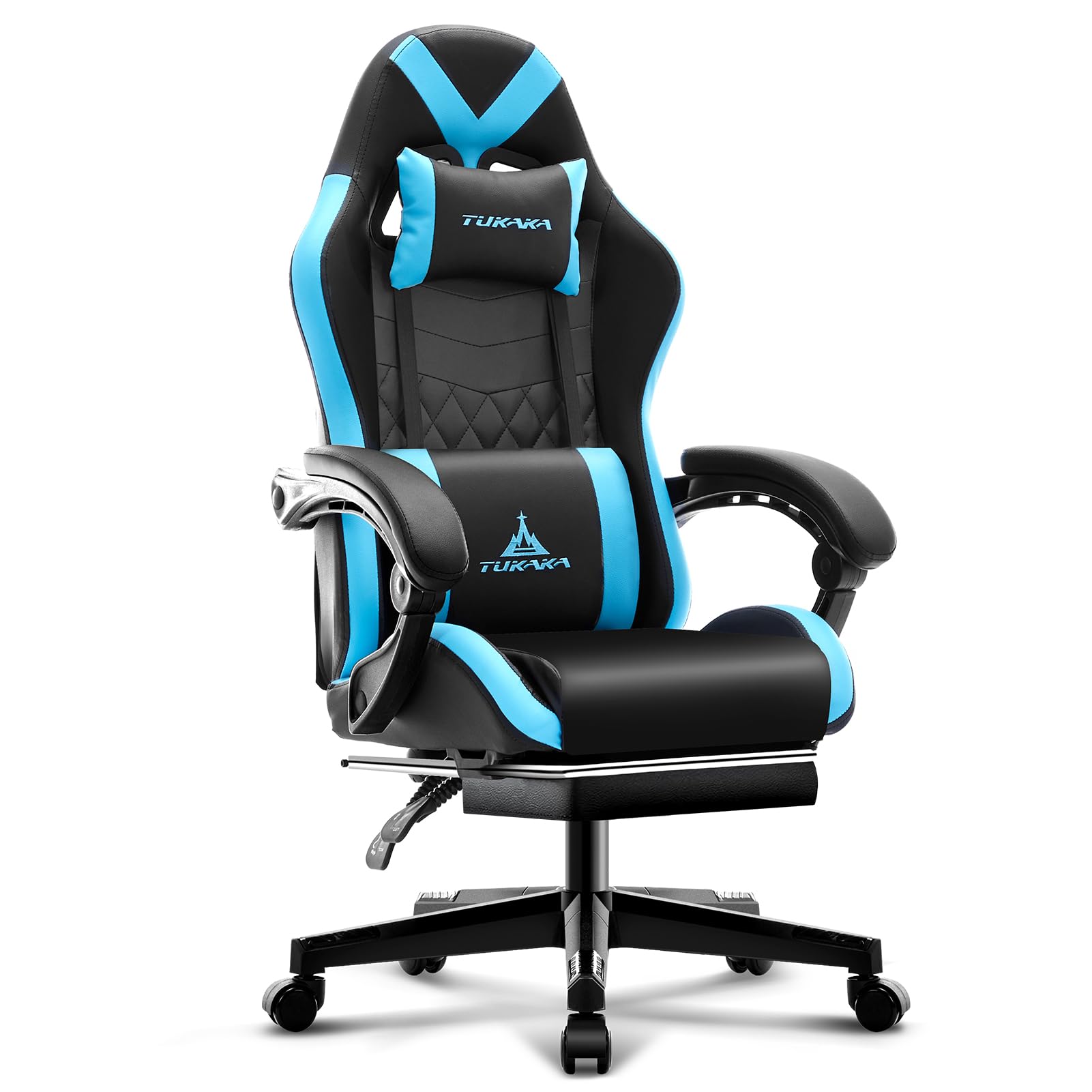 Ergonomic Gaming Chair with Massage & Footrest - Reclining Leather Office Desk Chair with Pocket Spring Cushion, Adjustable Headrest & Lumbar Support - Blue | Perfect for PC Gaming, Home Office & Streaming Setup