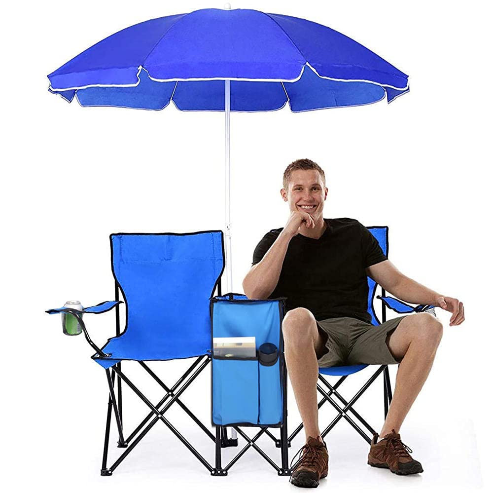 Premium 2-Pack Beach Umbrebbles & Folding Camping Chairs for Adults with Side Table, Cup Holder & Carry Bag - Perfect for Beach, Picnic, Poolside, Fishing, Park & Outdoor Relaxation