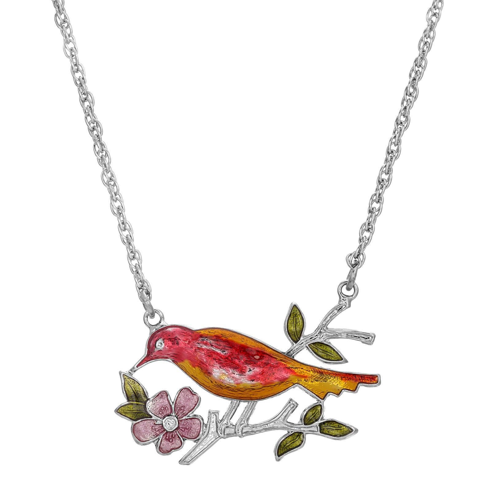 Vintage 1928 Enameled Perched Bird Pendant Necklace - 18