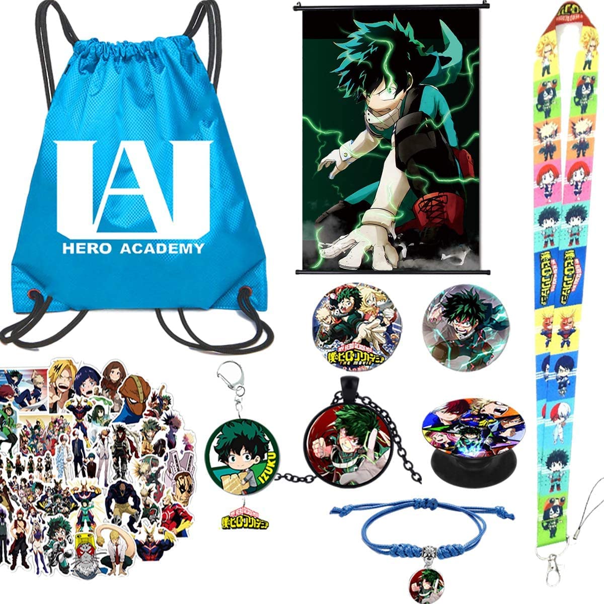 Anime Gift Set for Fans - Backpack with 50 Stickers, Button Pins, Face Masks, Phone Holder & Necklace - Perfect for Cosplay, Conventions & Anime Collectors