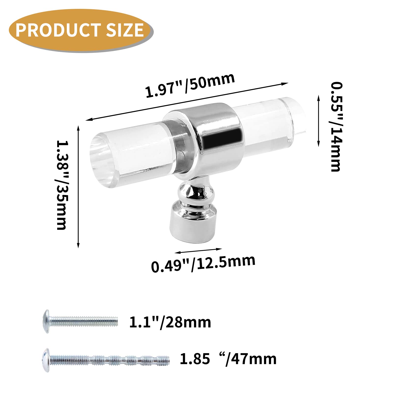 2 Pack Silver Acrylic Cabinet Knobs - Clear T Bar Drawer Pulls for Kitchen & Dresser (1.97