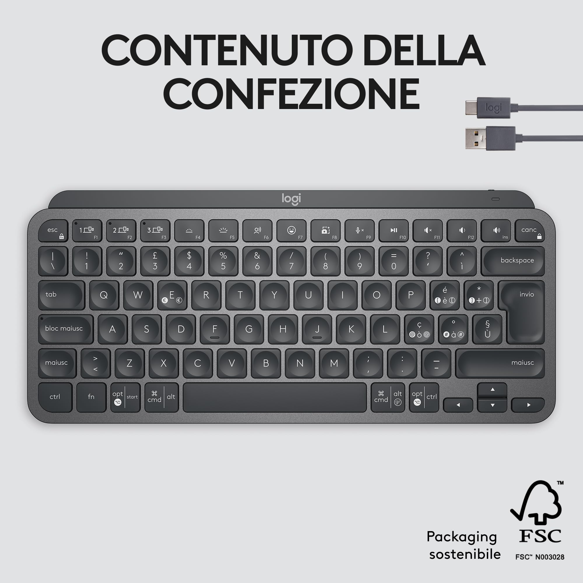 Logitech MX Keys Mini Wireless Illuminated Keyboard - Compact, Bluetooth, Backlit, USB-C, Compatible with Apple macOS iOS Windows Linux Android, QWERTY Italian Layout, Graphite - Perfect for Home Office, Gaming & Productivity