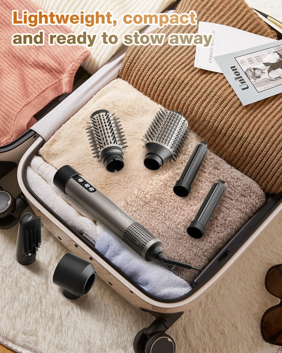 7MAGIC 1200W Ionic Hair Dryer Brush & 6-in-1 Styler - Silver (110V) for Fast Drying, Straight, Wavy, Curly & Coily Hair - Perfect for Home, Salon & Travel Use