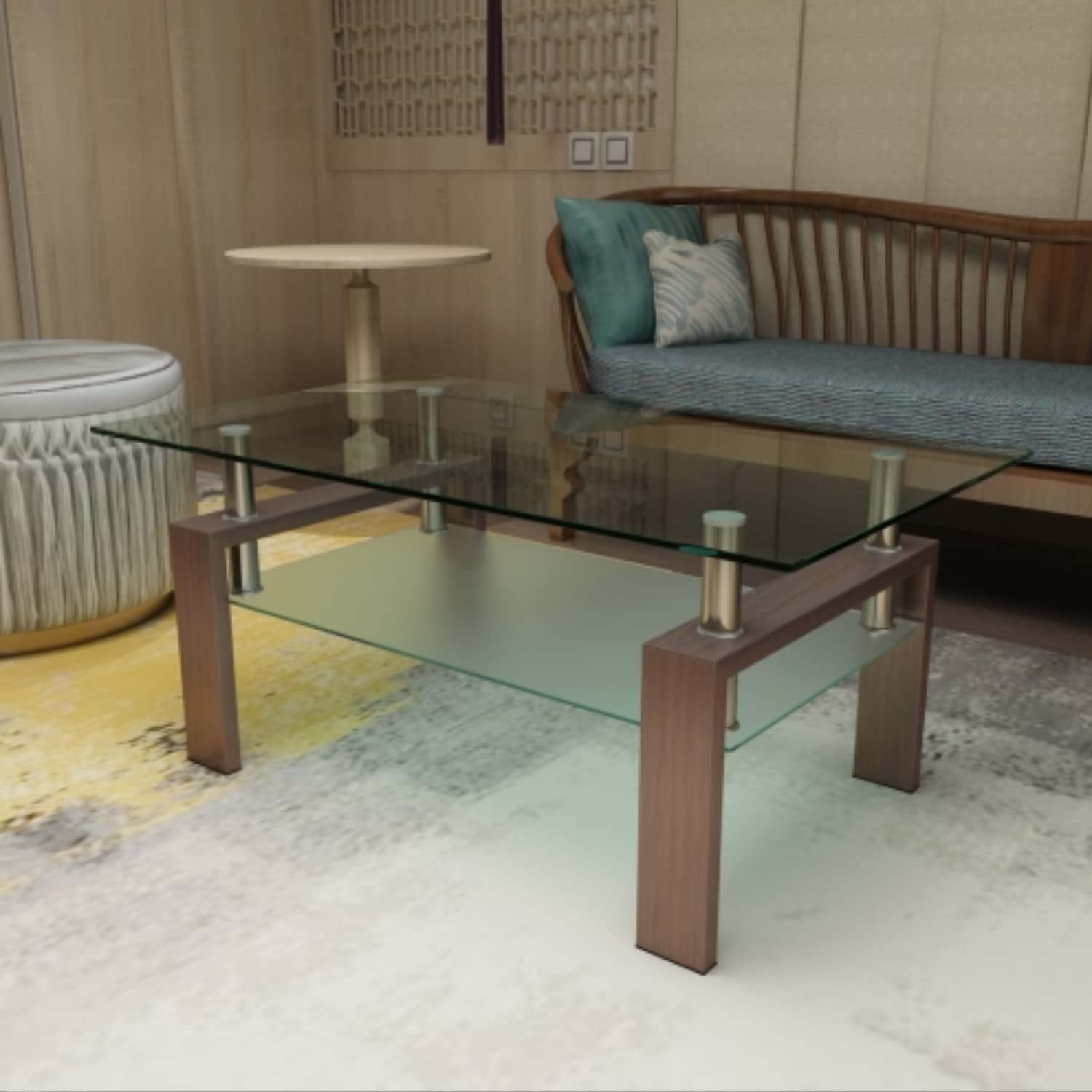 Modern Glass Coffee Table with Storage Shelf - Rectangle Living Room Center Table with Metal Tube Legs & 8mm Tempered Glass - Perfect for Small Spaces, Apartments, Living Rooms and Reception Areas