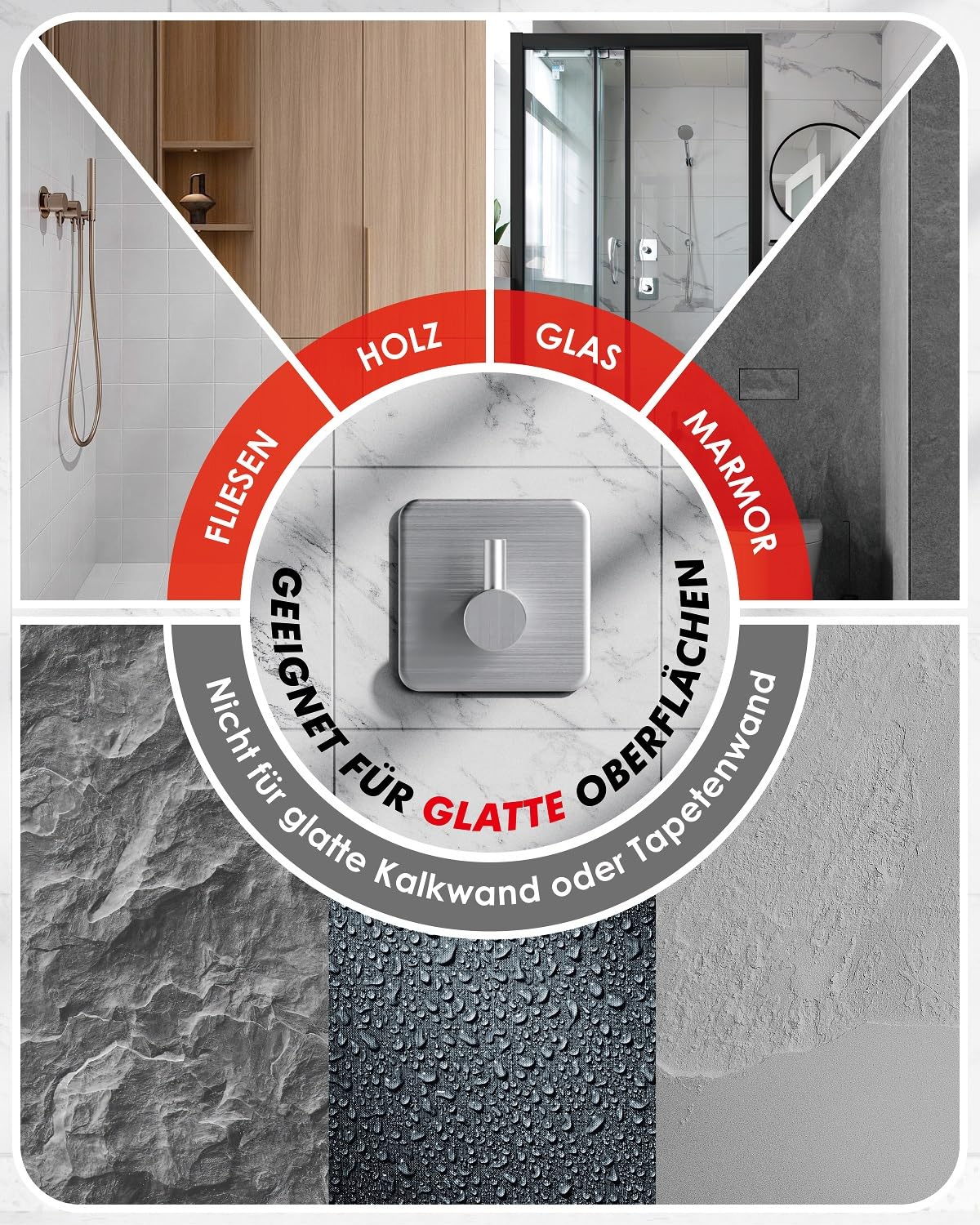 No-Drill Stainless Steel Adhesive Towel Hooks (6-Pack) - Rustproof Self-Adhesive Wall Hooks for Bathroom, Kitchen, Office - Perfect for Towels, Robes, Keys & Home Organization