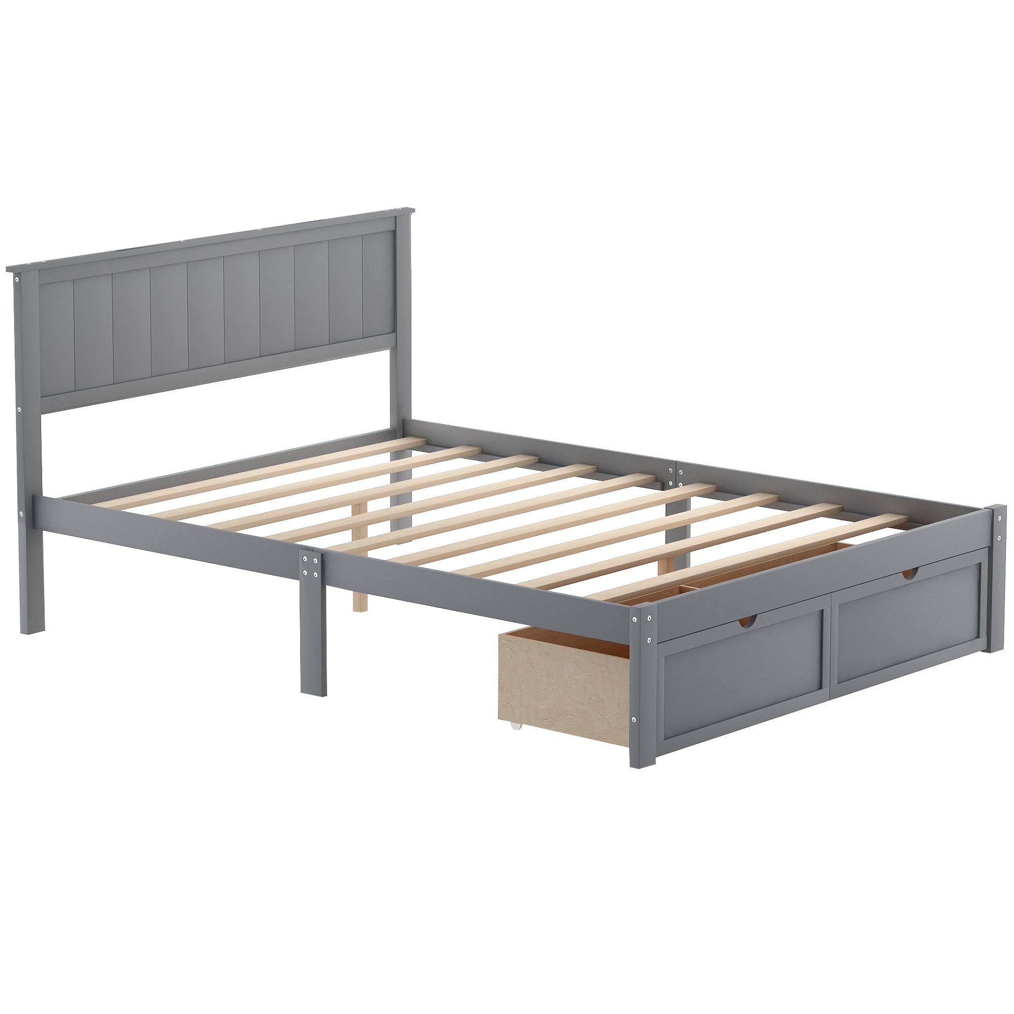 Full Size Platform Bed Frame with Under-Bed Storage Drawers - Gray Wooden Bed Frame for Master Bedroom, Guest Room & Small Spaces - Sturdy & Modern Bed Base with Ample Storage Space