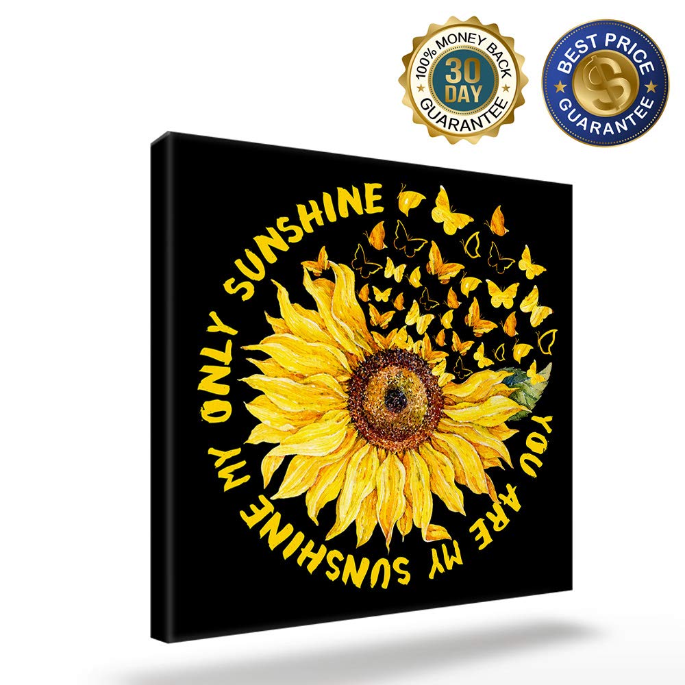 Sunflower Canvas Wall Art 28x28 Inch - Yellow Flowers & Butterflies Painting on Black Backdrop for Living Room, Office & Home Decor - Ready to Hang Wall Artwork for Modern Interior Design & Housewarming Gifts