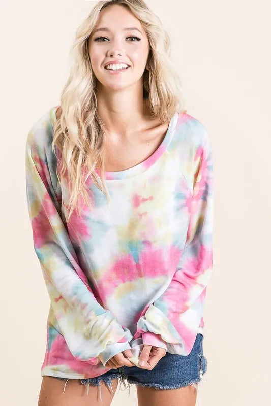 BiBi Tie Dye Print Terry Top with Puff Sleeves | Women's Fashion Casual Blouse | Perfect for Summer Outfits, Beach Wear & Boho Style