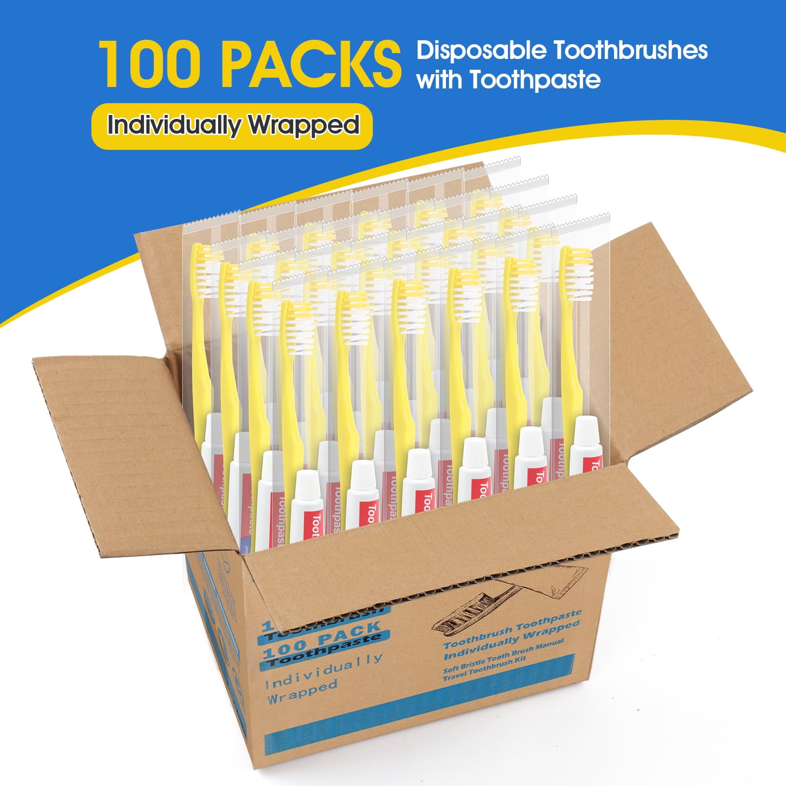 Homvle 100 Pack Disposable Toothbrushes with Toothpaste - Individually Wrapped Travel Toothbrushes Bulk, Medium Soft Bristles | Perfect for Travel, Camping, Hotels, Airbnb, Dentist Visits & Office Use | Eco-Friendly Oral Care Solution