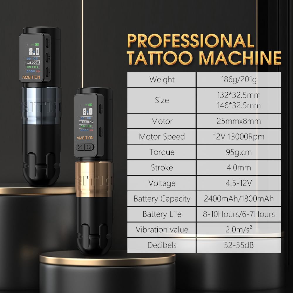 Ambition Soldier Max Rotary Tattoo Machine Gun - Professional Cordless Tattoo Pen with 2400mAh Battery, Billing Function & Stabilizing System - Ideal for Tattoo Artists & Body Art Professionals (Home Studio & Professional Tattoo Parlor Use)