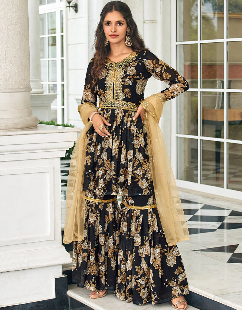 Elegant Black Pure Fox Georgette Sharara Suit for Women - Traditional Indian Pakistani Wedding Outfit - Perfect for Bridal, Festive & Party Wear