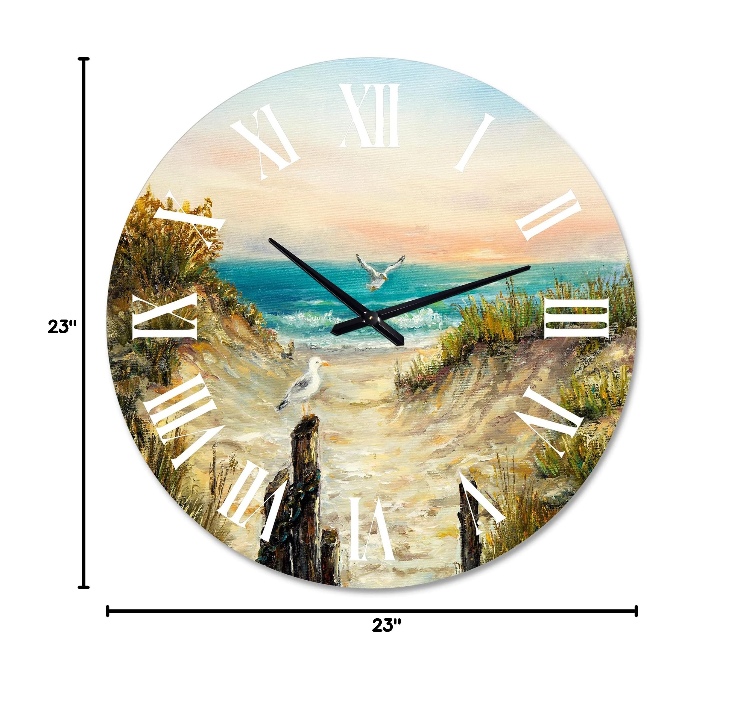 DesignQ Nautical Coastal Wall Clock - 'Ocean Dunes During Pink Sunset' Blue Round Clock for Living Room, Bedroom & Office Decor | Perfect for Beach House, Coastal Theme & Home Interior Design