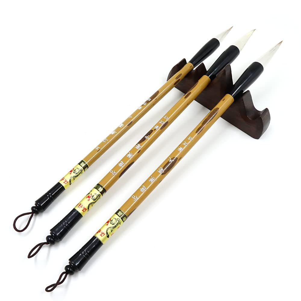 Premium Chinese Calligraphy Brush Set - 3 Sizes (Large, Medium, Small) with Wooden Pen Rest | Sumi Ink Painting & Kanji Writing Brushes for Professionals & Beginners | Perfect for Home Studio, Art Class & Traditional Asian Art Practice