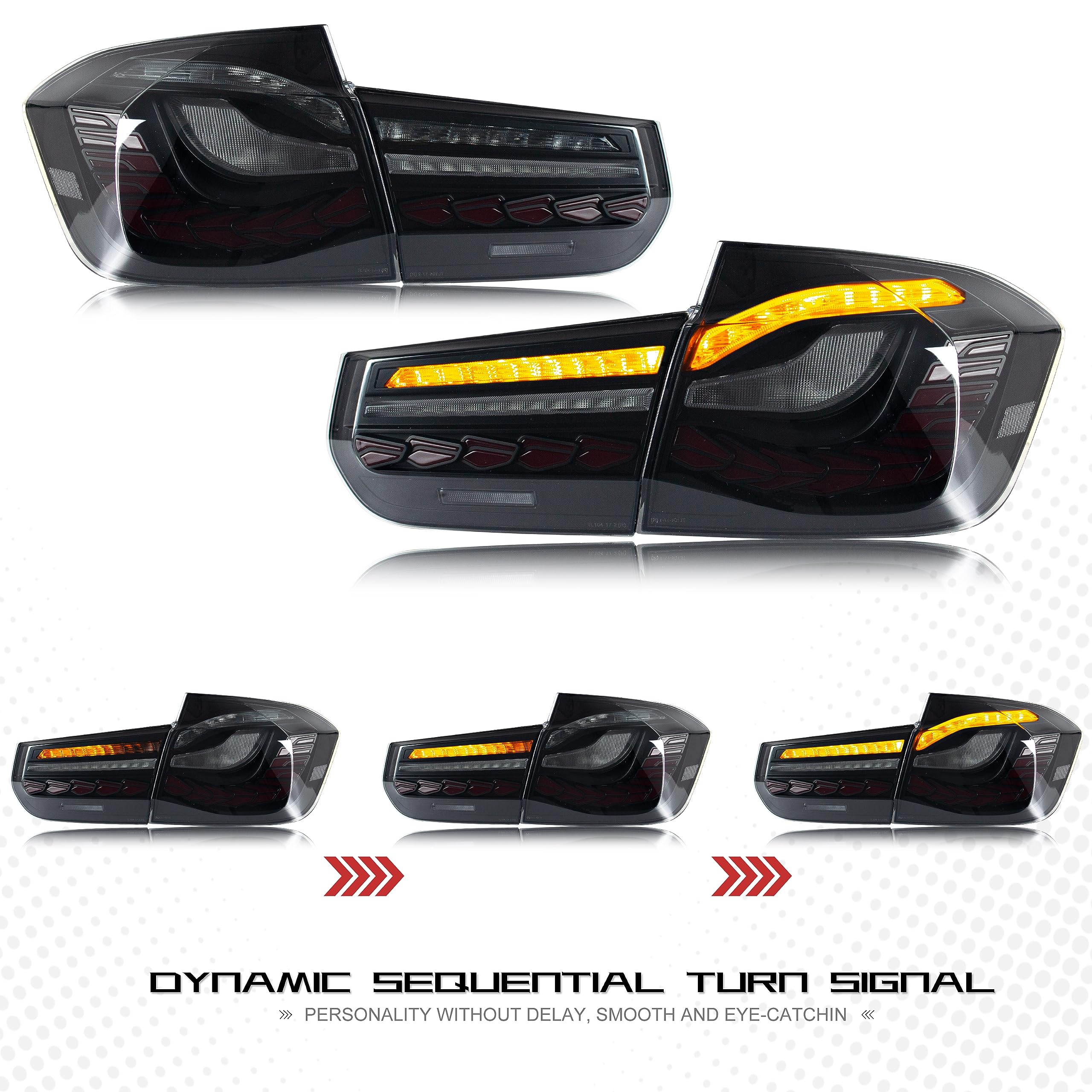 2012-2018 BMW F30 F35 F80 M3 LED Tail Lights with Sequential Turn Signals & Start Up Animation - Smoked Rear Lamp Assembly for Enhanced Style & Safety - Perfect for Night Driving & Car Customization