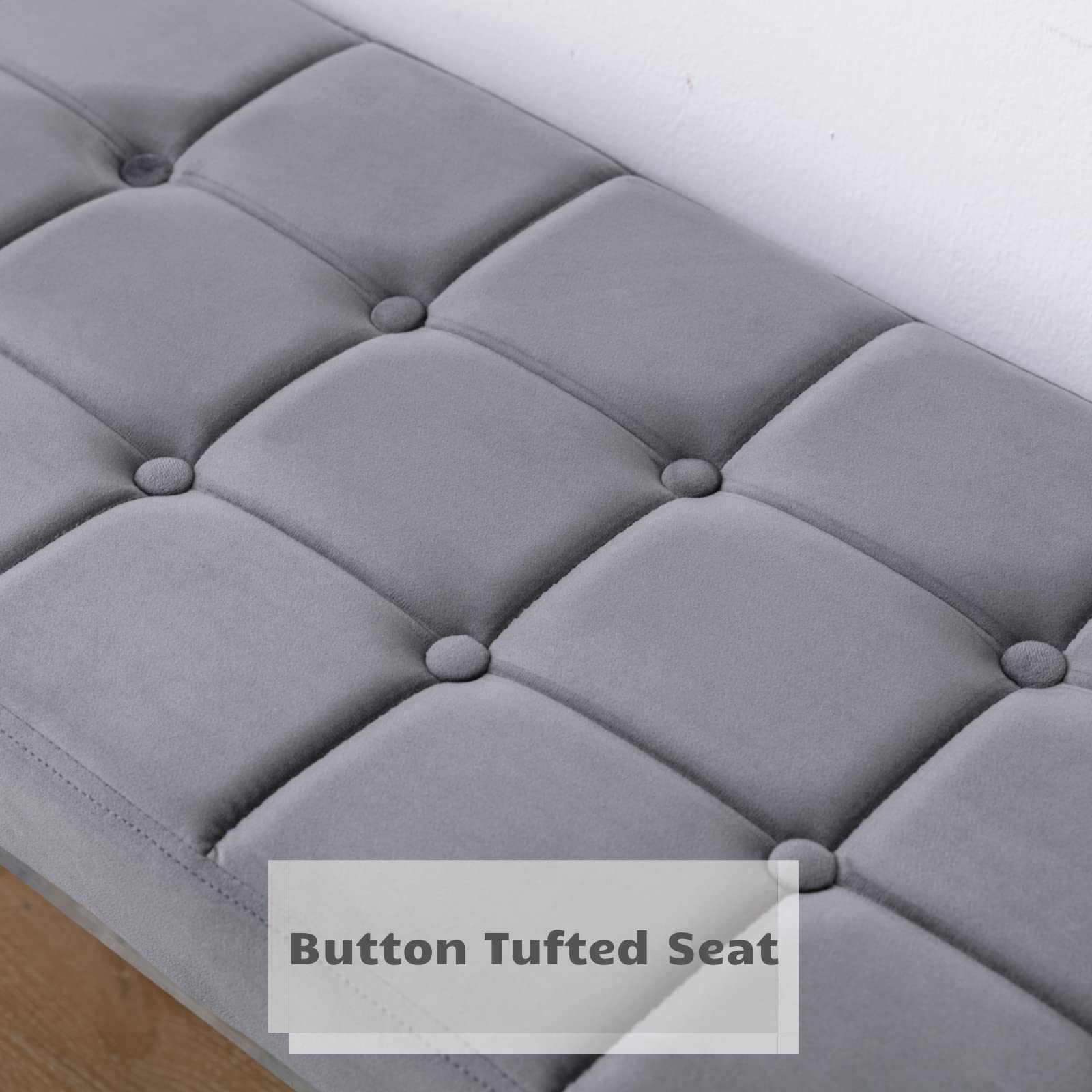 Modern Velvet Upholstered Dining Bench with Button Tufted Design & Sturdy Metal Legs - Grey Ottoman Footstool for Kitchen Table, Living Room Seating & Entryway Decor