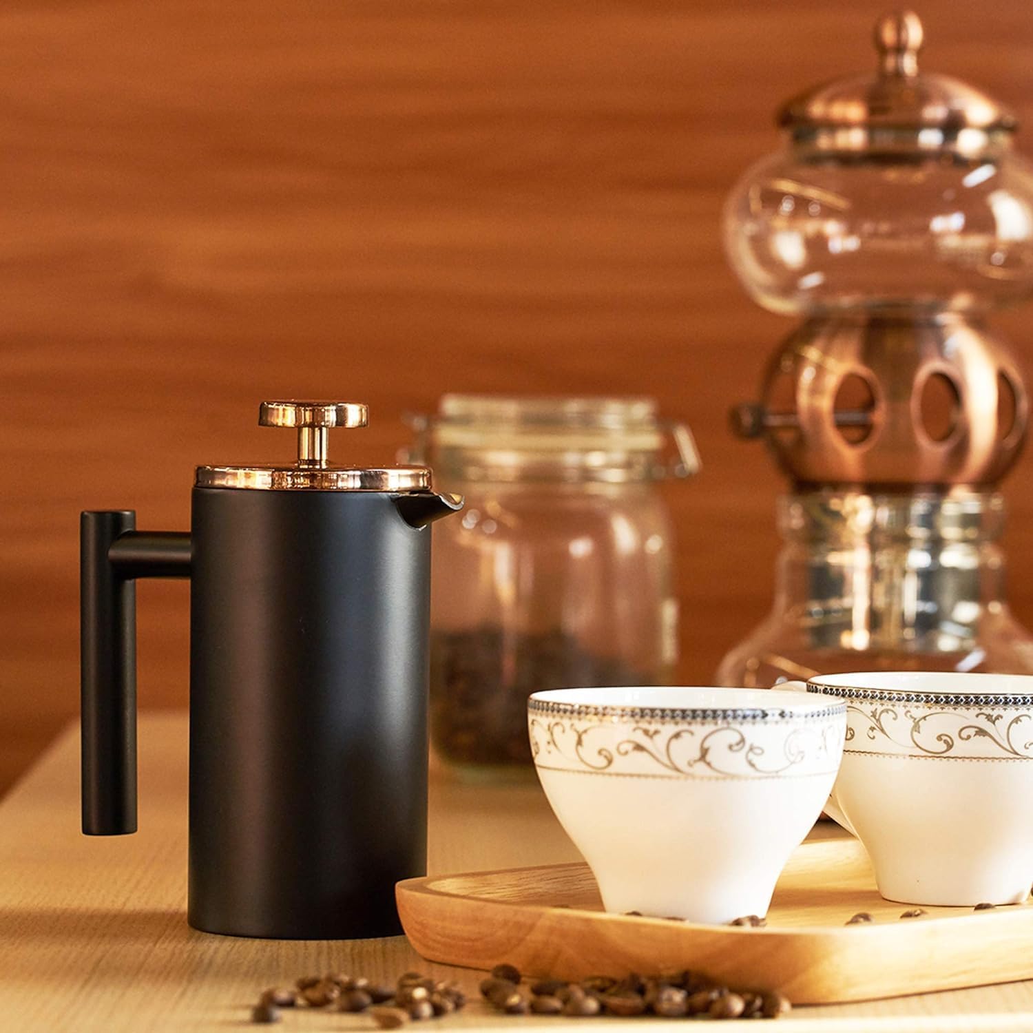 Premium Stainless Steel French Press Coffee Maker - 21Oz Double Wall Insulated with 3-Level Filtration System | Includes 4 Filters & Metal Spoon | Ideal for Home, Office & Camping Use