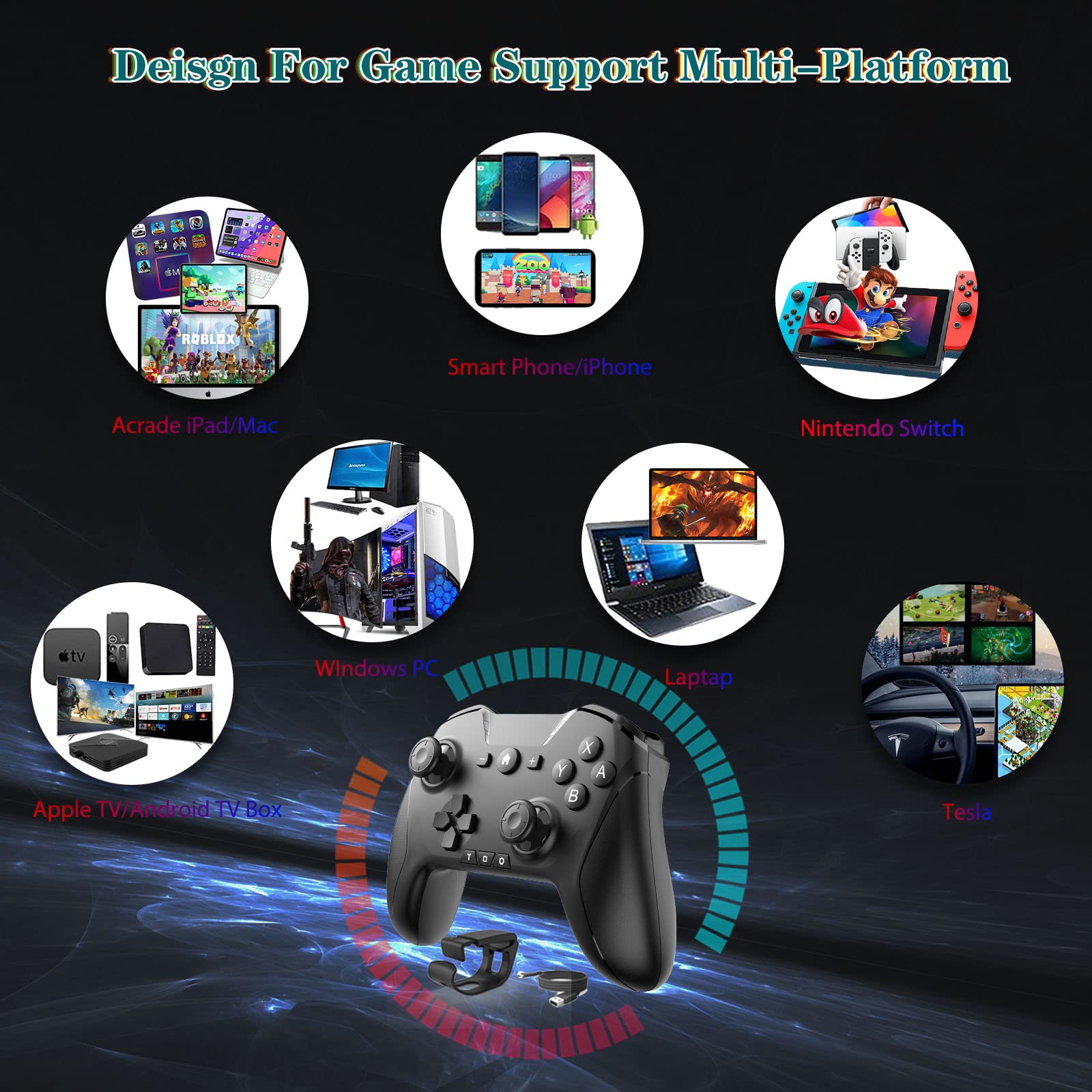 Wireless Bluetooth Controller for Nintendo Switch, PC, Mac, Steam, iOS, Android, TV - Pro Gamepad with Adjustable Dual Motion, Turbo, Macros & 6-Axis Gyro - Compatible with Black Myth: Wukong & Apple Arcade (Black/Purple/Black with Clip) - Perfect for Gaming on Multiple Devices at Home or Travel