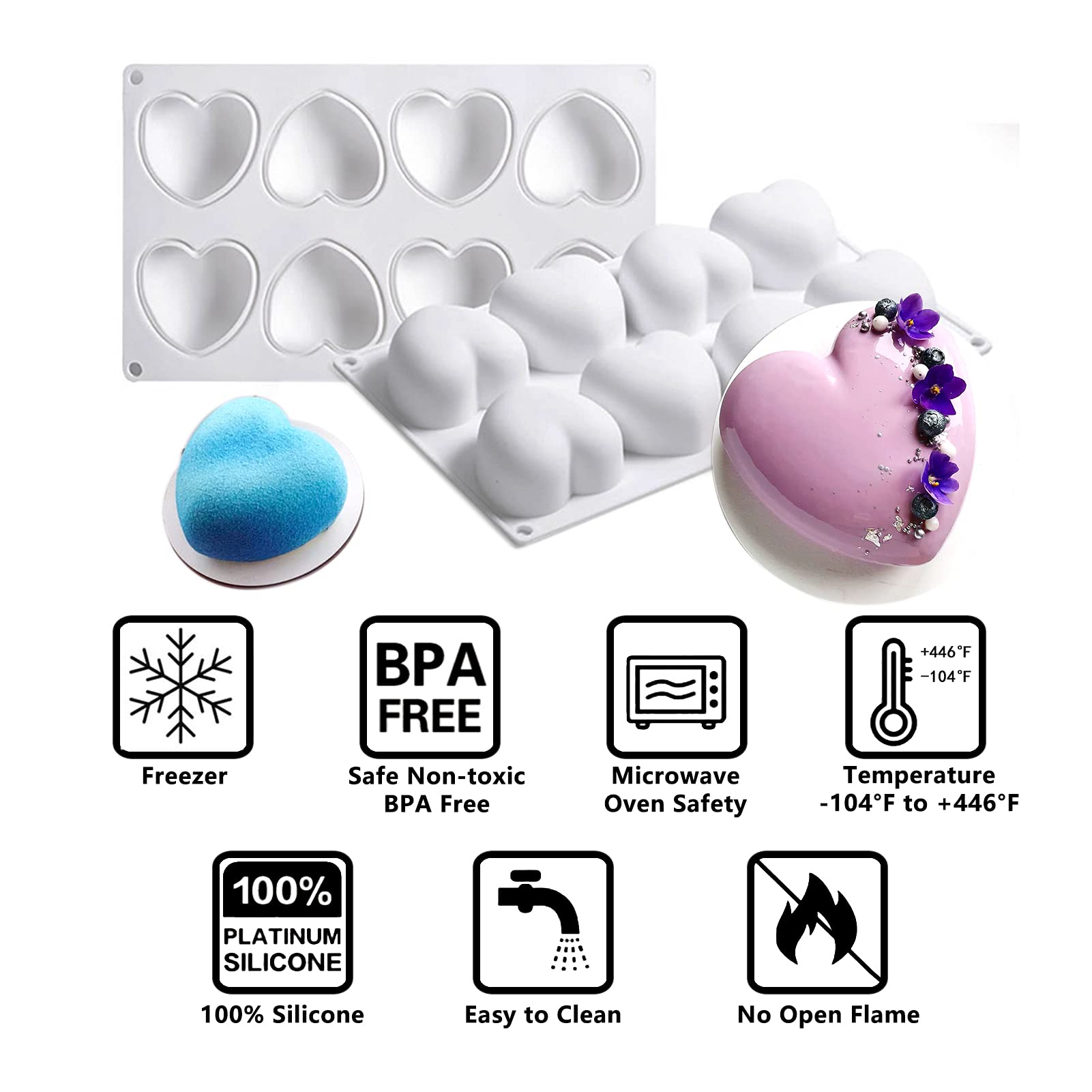 3D Heart Chocolate Molds - 8 Cavity Silicone Baking Molds for Valentine's Day Chocolate, Cake Decorating & DIY Candle Making - Perfect for Romantic Gifts, Wedding Favors and Anniversary Treats