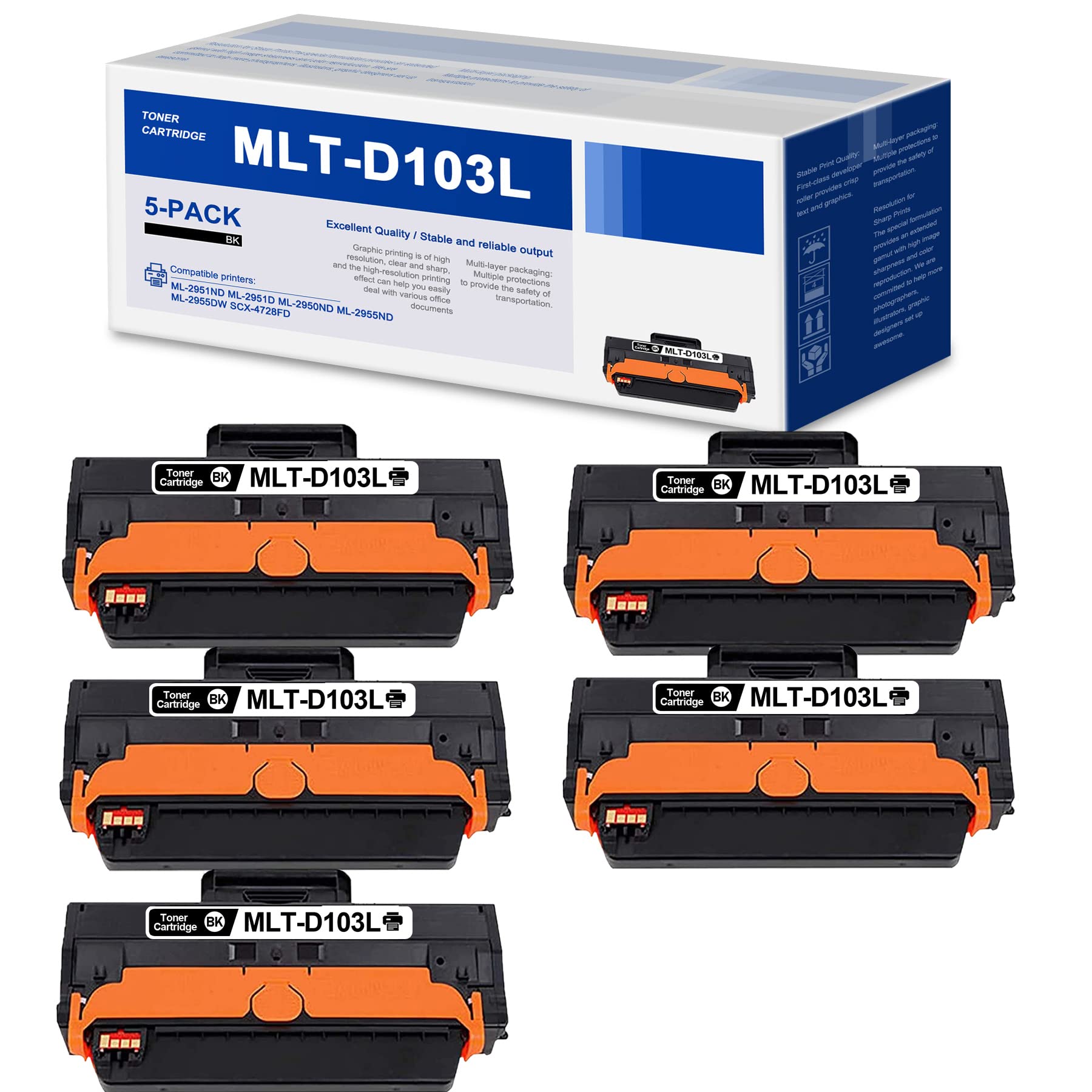 PHOSINK Compatible D103L/MLT-D103L Toner Cartridge (5-Pack) - Replacement for Samsung ML-2955DW/ML-2951ND/ML-2951D/ML-2950ND/ML-2955ND Printers - High Yield Black Ink - Perfect for Office, Home & Small Business Printing Needs